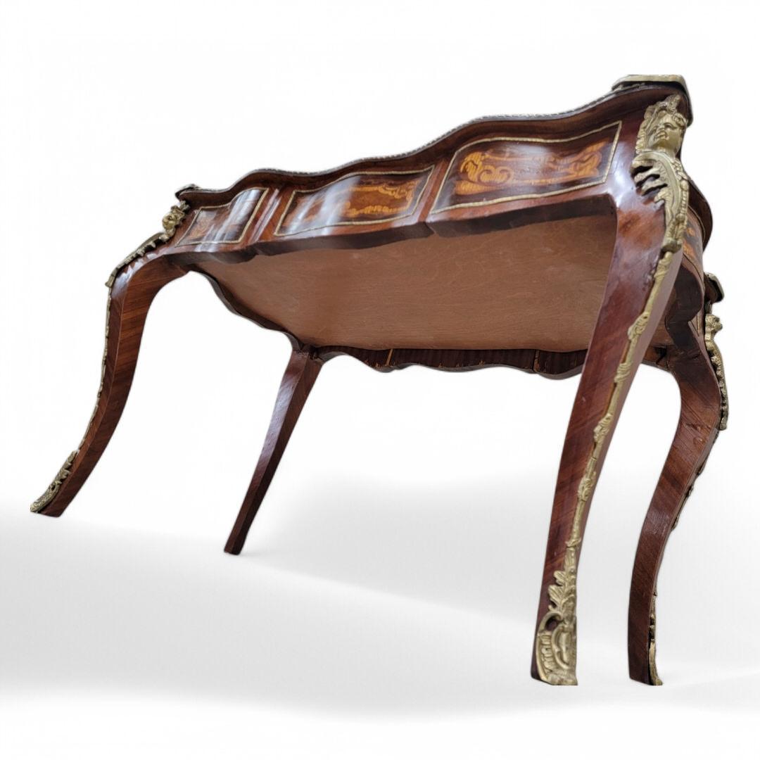 Antique French Louis XV Style Heavily Detailed Inlay wi Leather Topped Desk For Sale 1