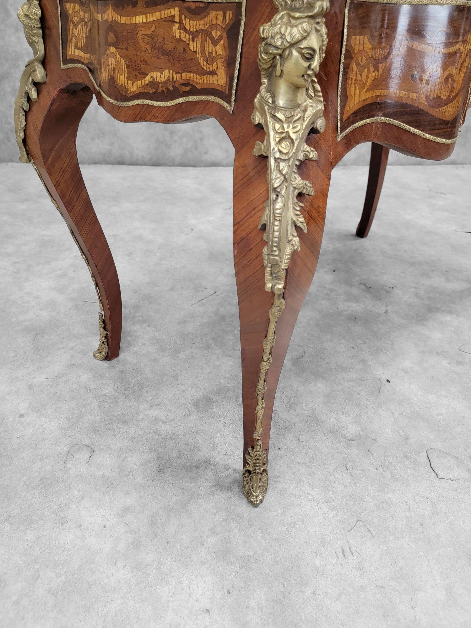 Antique French Louis XV Style Heavily Detailed Inlay wi Leather Topped Desk For Sale 2