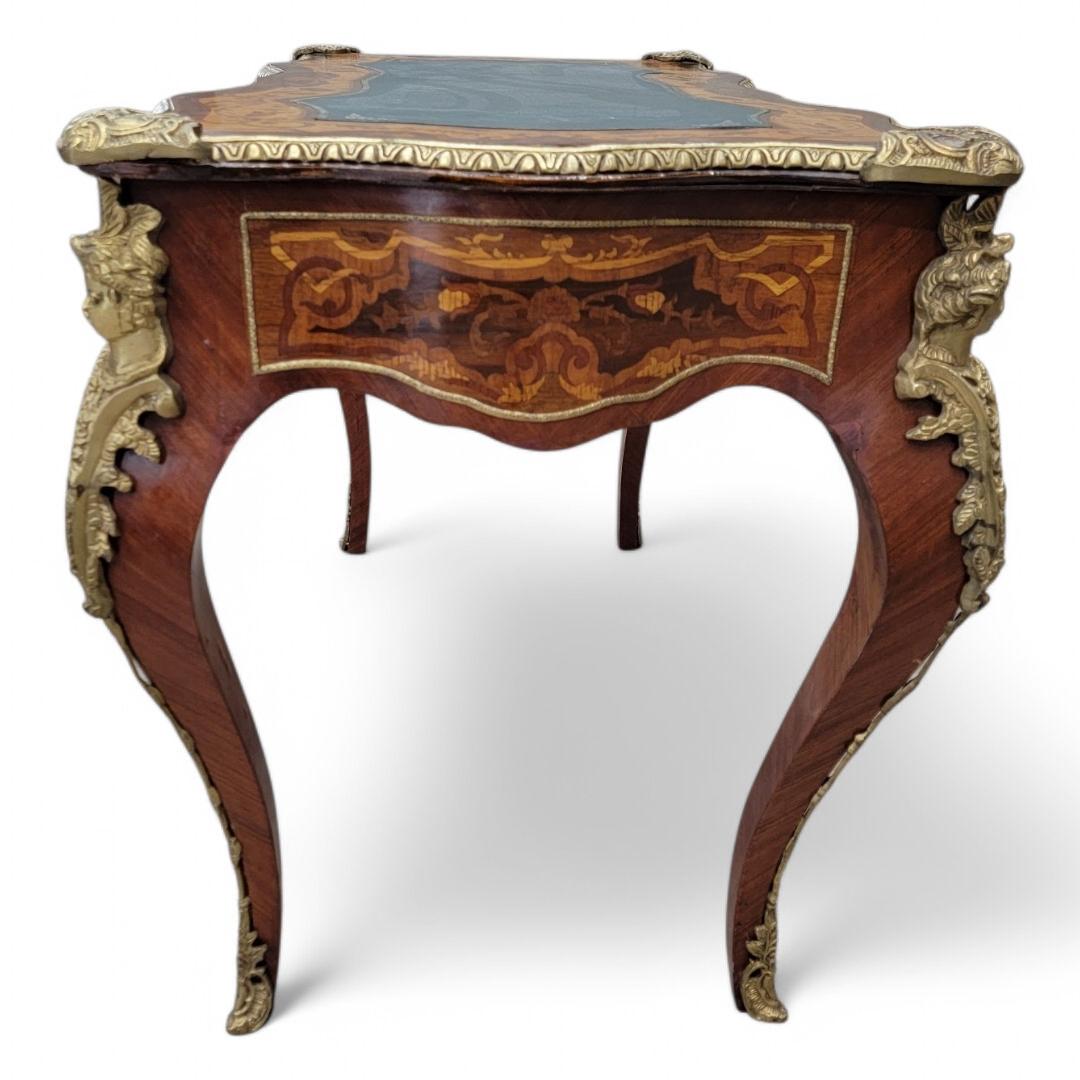 Antique French Louis XV Style Heavily Detailed Inlay wi Leather Topped Desk For Sale 3