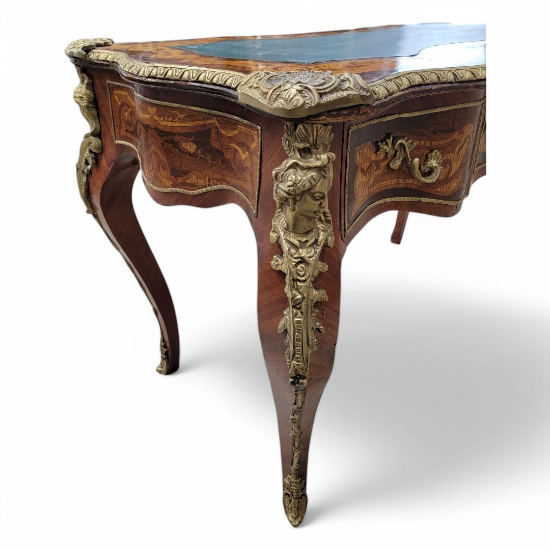Antique French Louis XV Style Heavily Detailed Inlay wi Leather Topped Desk For Sale 4