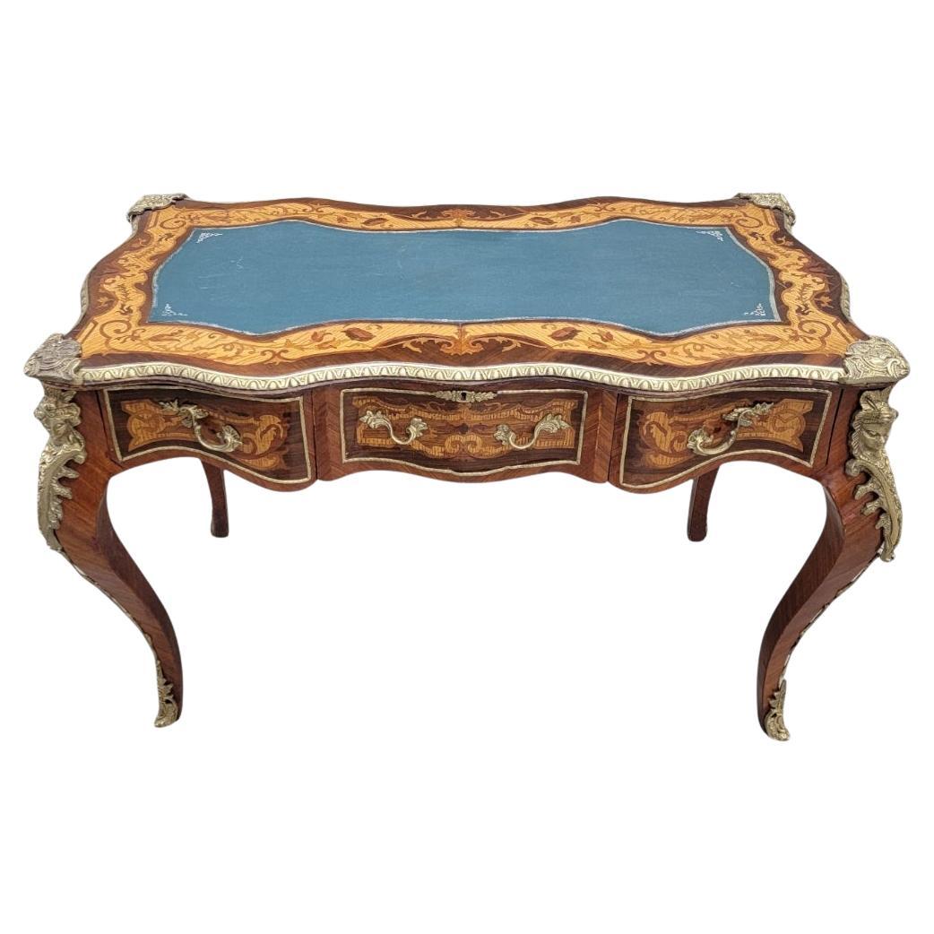 Antique French Louis XV Style Heavily Detailed Inlay wi Leather Topped Desk For Sale