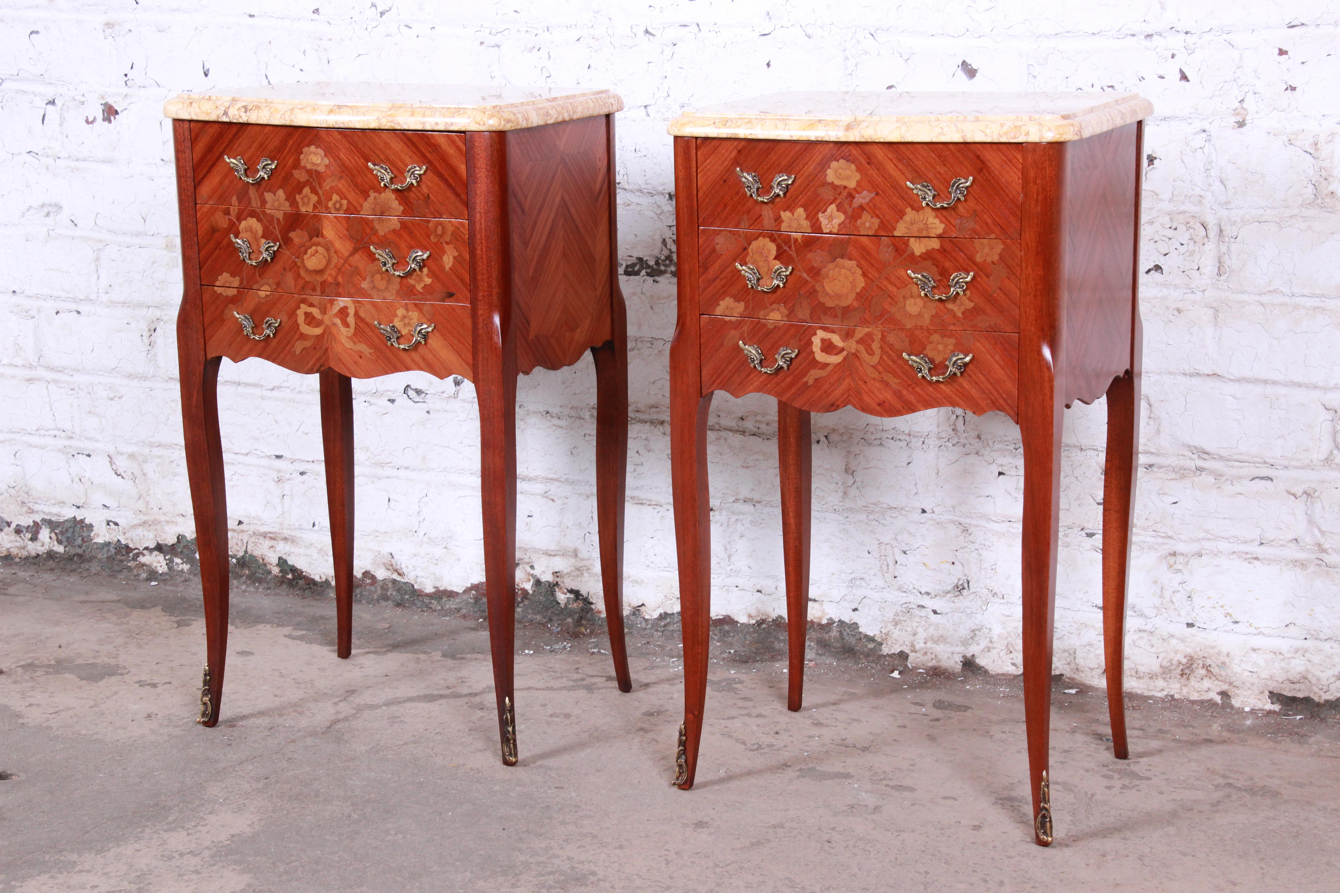 Antique French Louis XV Style Inlaid Marquetry Marble Top Nightstands, Pair In Good Condition In South Bend, IN