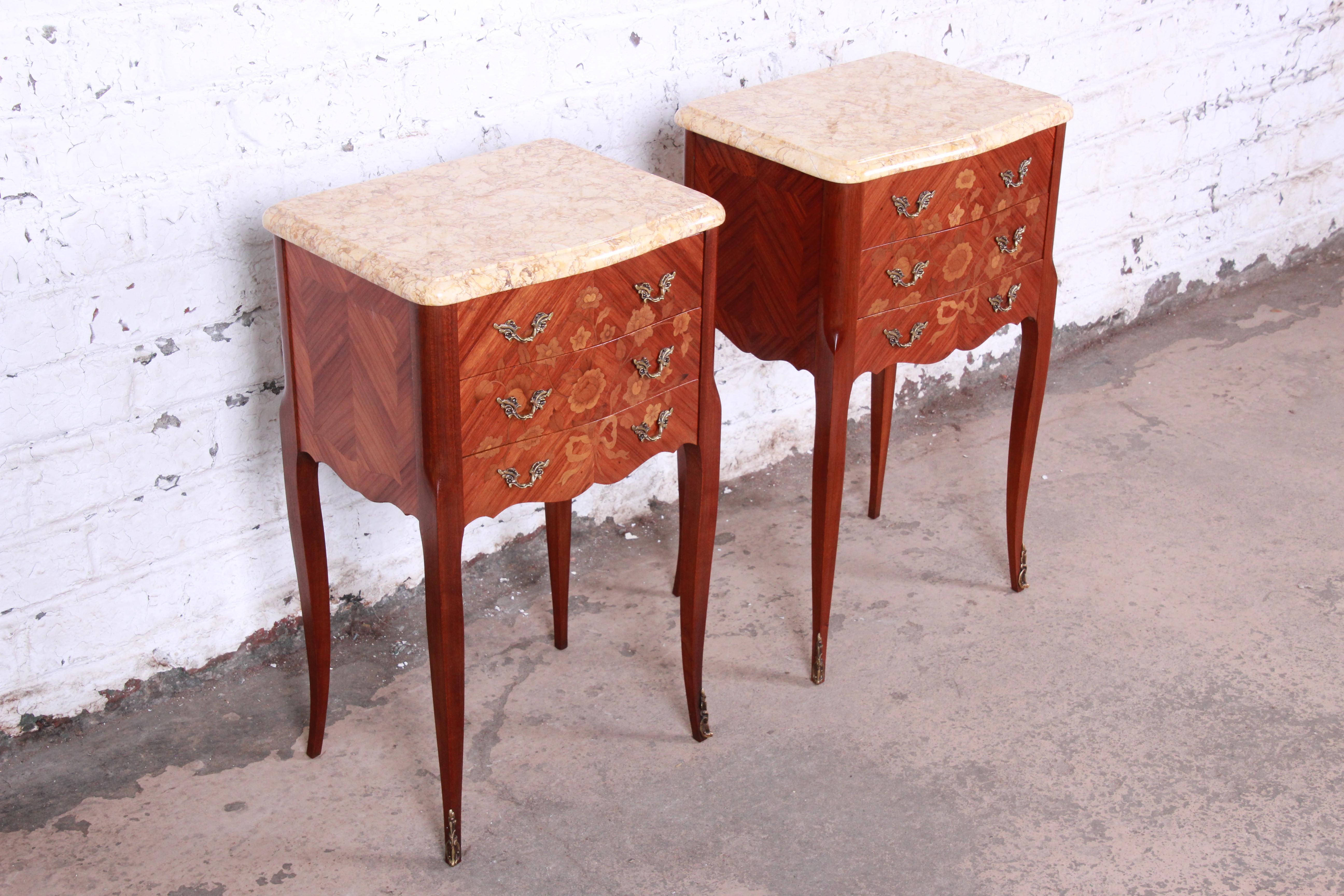 Early 20th Century Antique French Louis XV Style Inlaid Marquetry Marble Top Nightstands, Pair