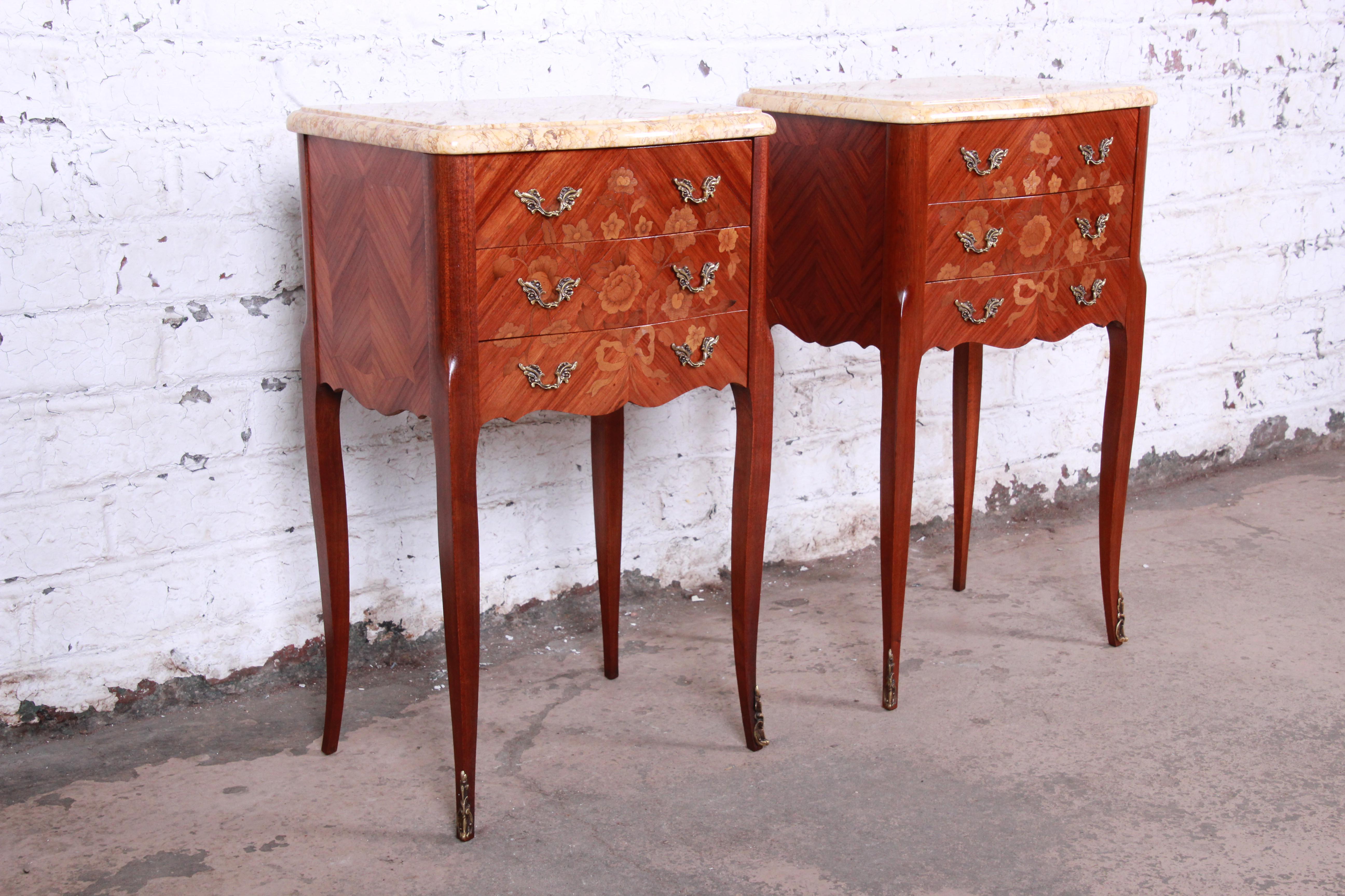 Antique French Louis XV Style Inlaid Marquetry Marble Top Nightstands, Pair 1