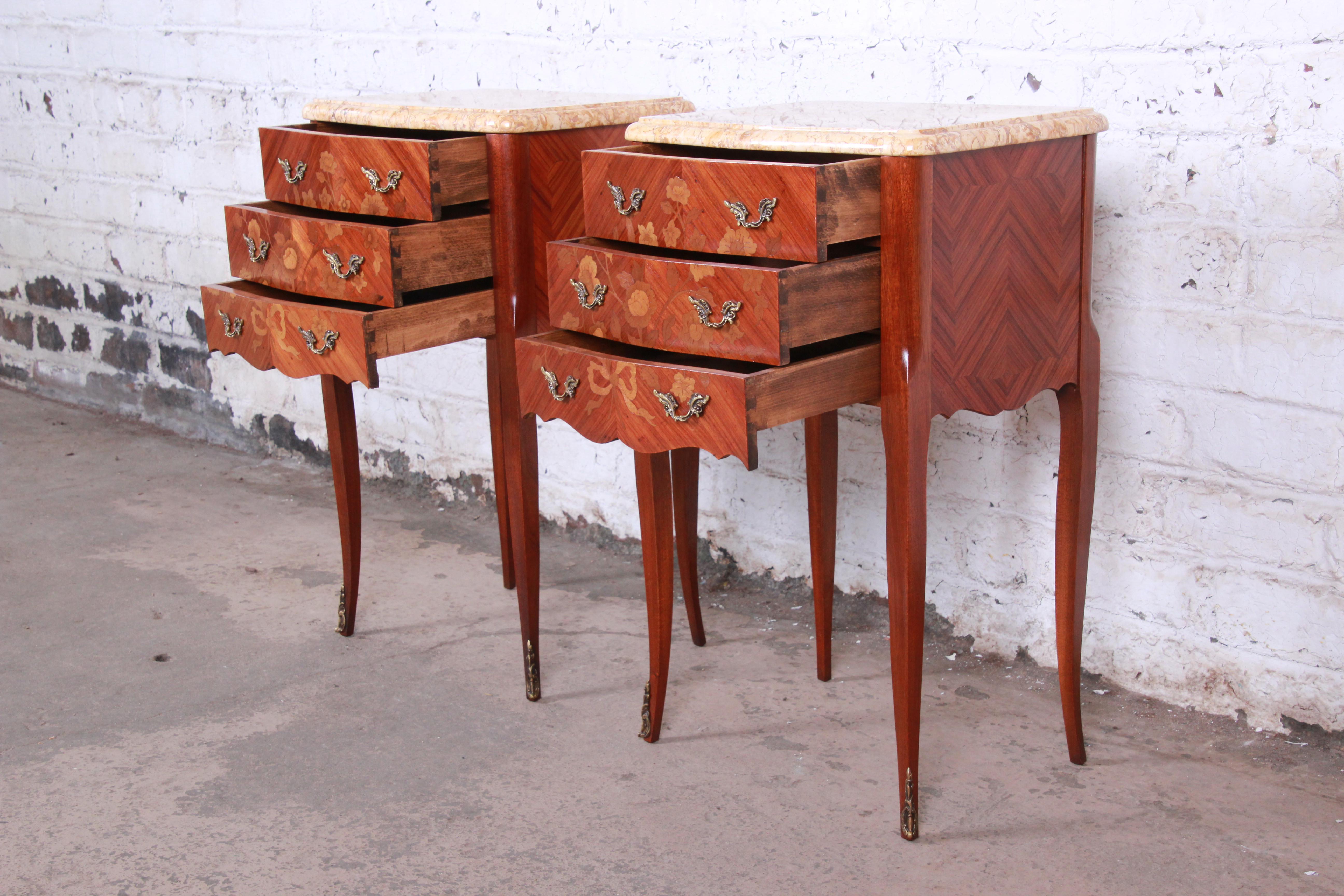 Antique French Louis XV Style Inlaid Marquetry Marble Top Nightstands, Pair 2