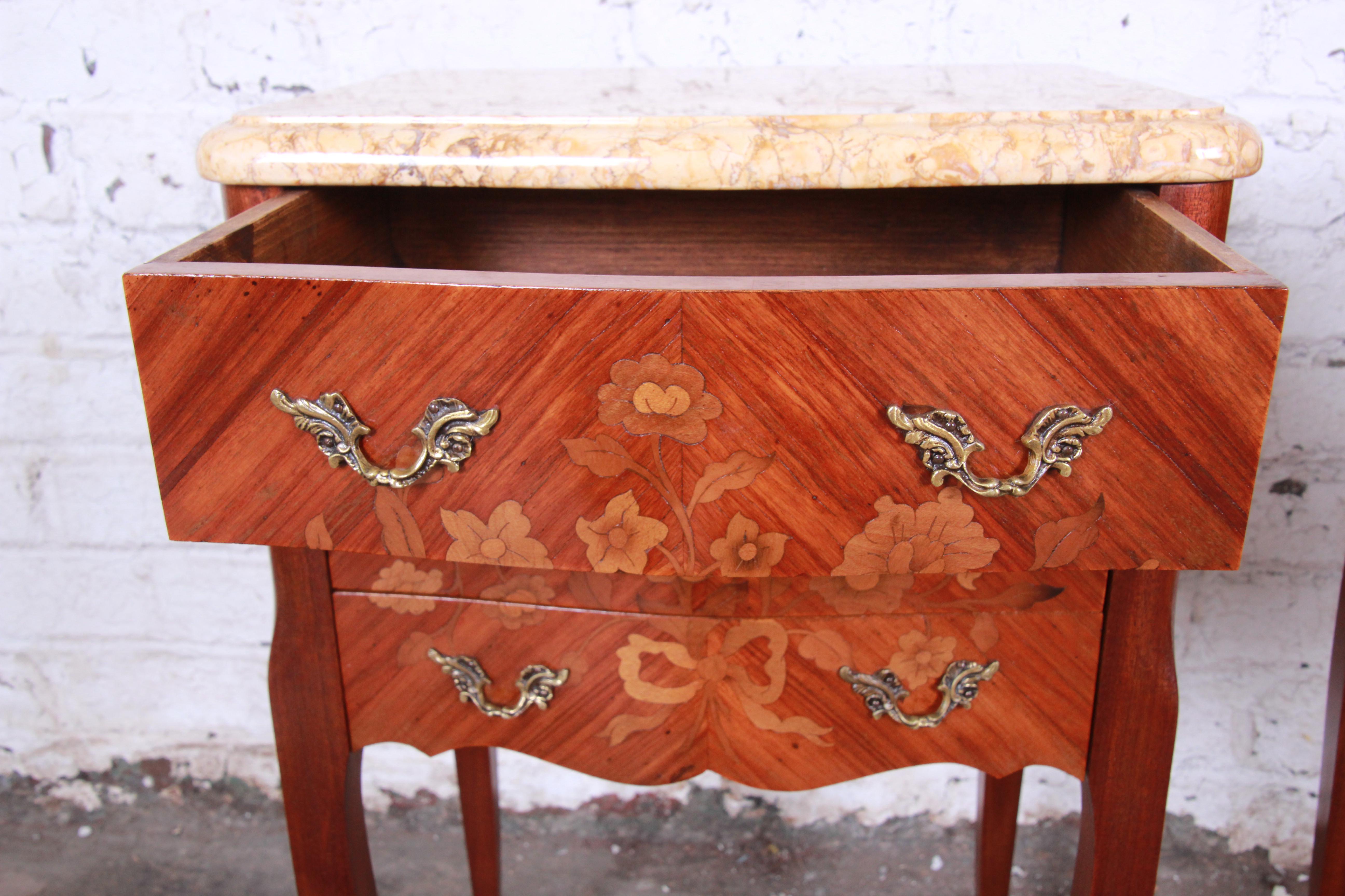 Antique French Louis XV Style Inlaid Marquetry Marble Top Nightstands, Pair 3