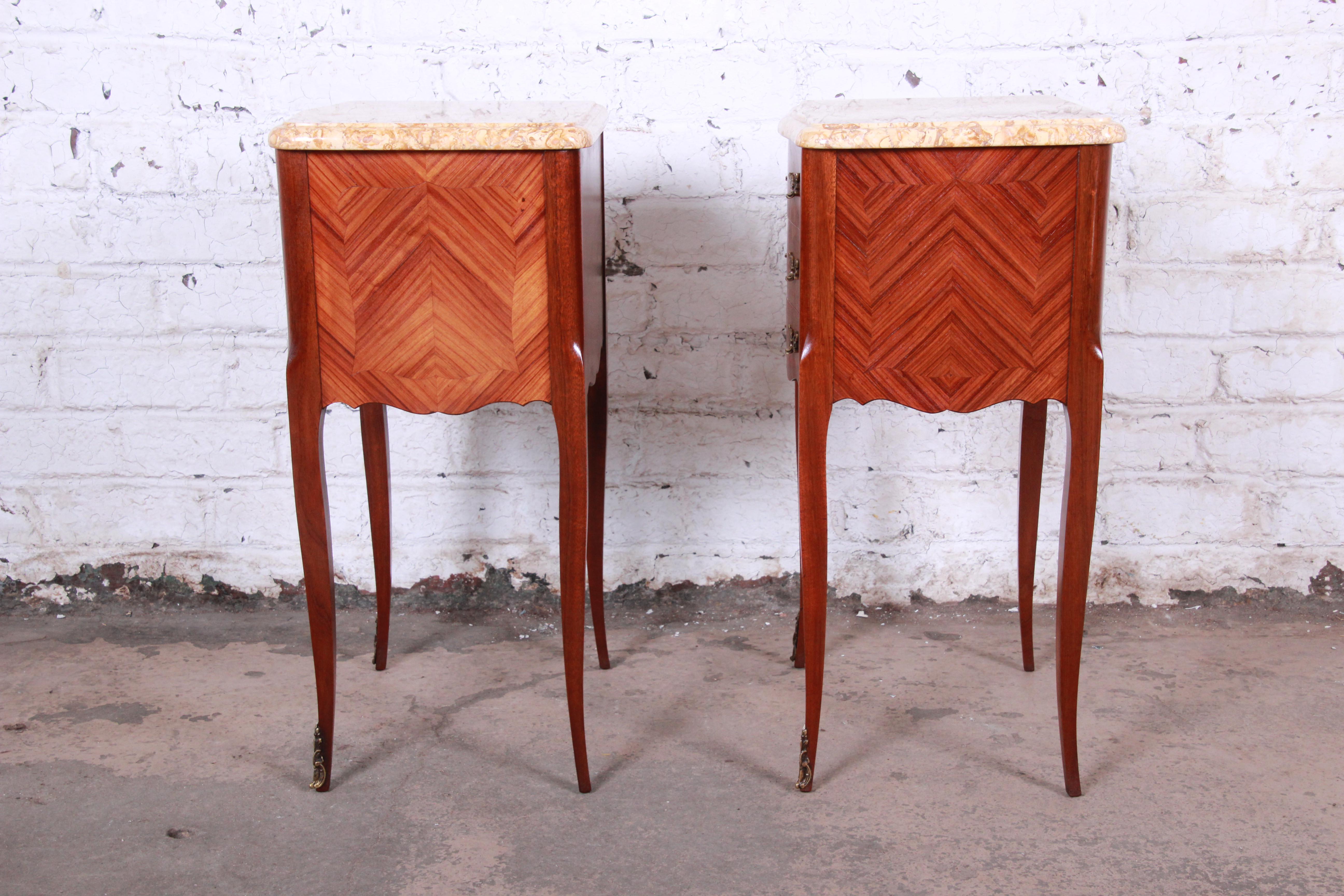 Antique French Louis XV Style Inlaid Marquetry Marble Top Nightstands, Pair 5