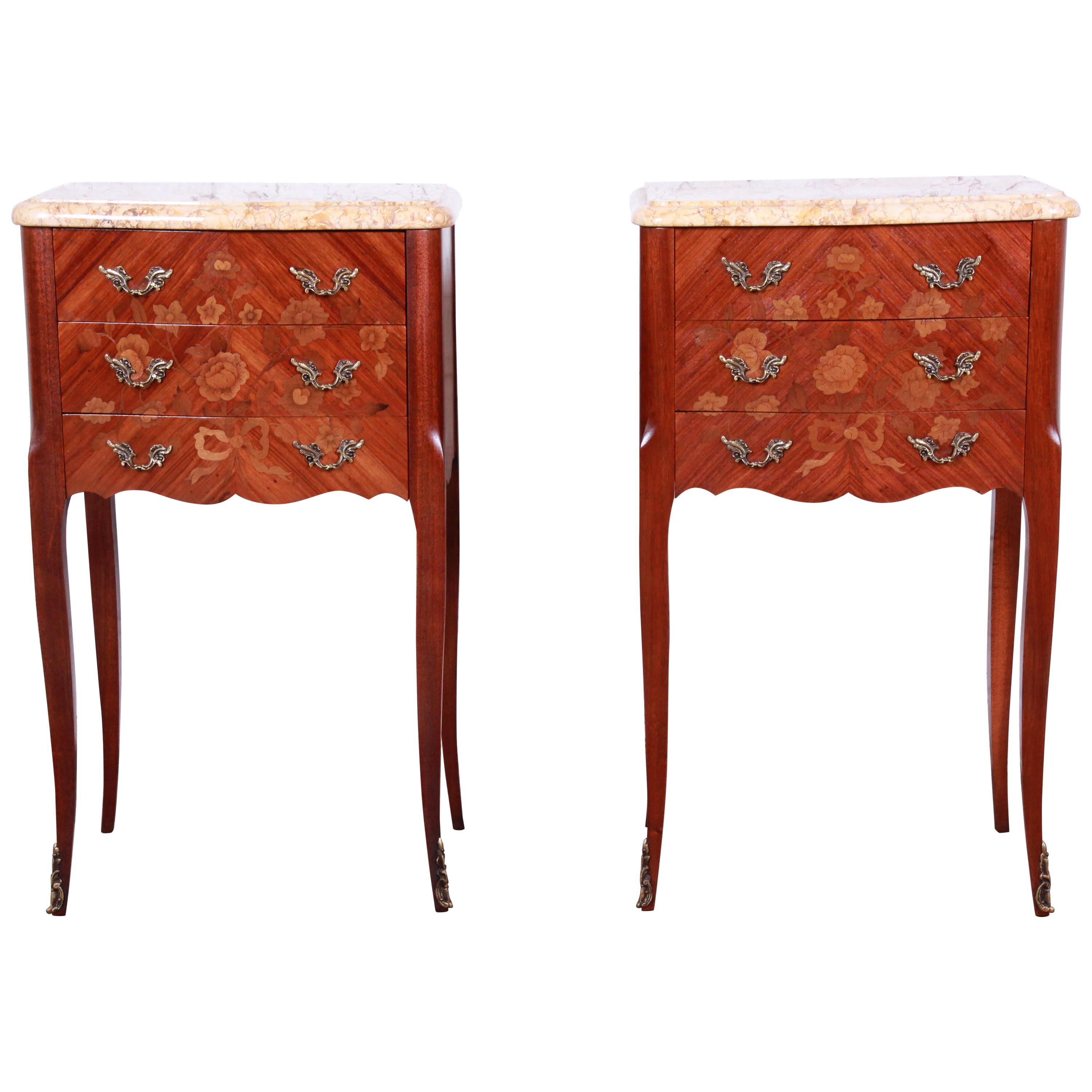 Antique French Louis XV Style Inlaid Marquetry Marble Top Nightstands, Pair