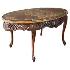 Antique French Louis XV-Style Inlayed & Carved Coffee Table Rustic Farmhouse