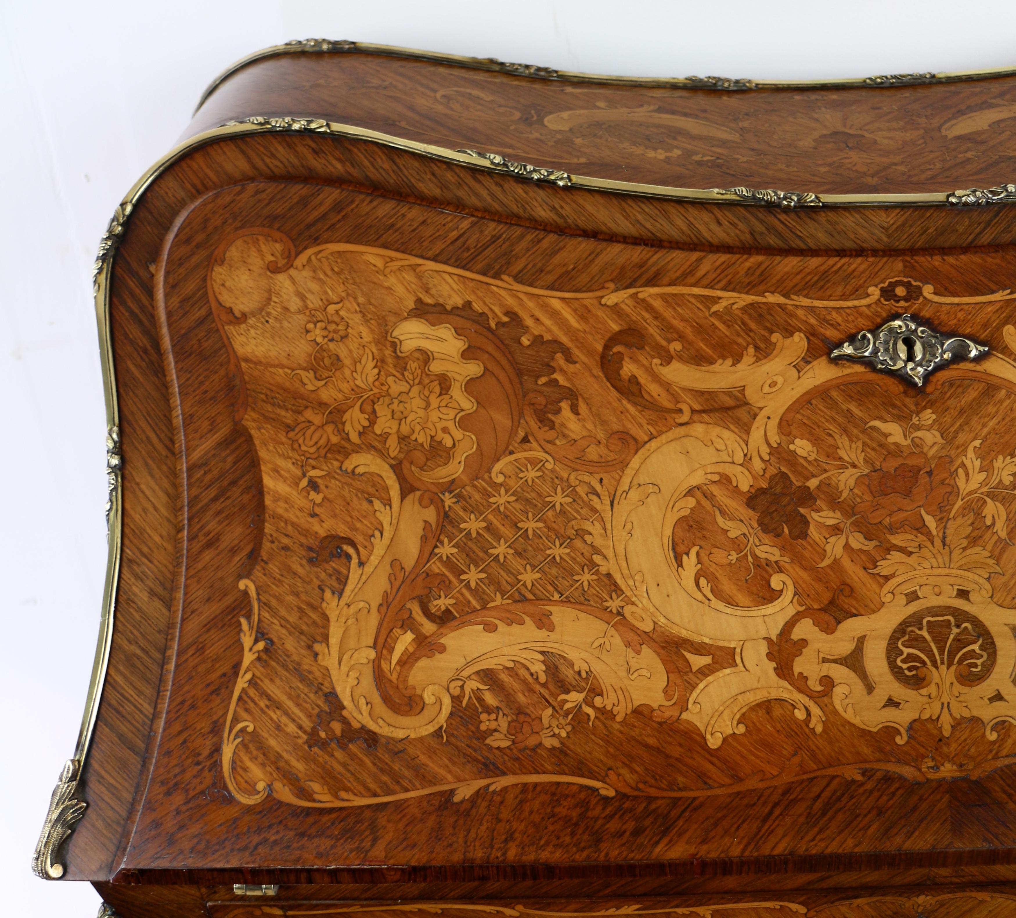 Brass Antique French Louis XV Style Kingwood and Marquetry Bureau de Dame