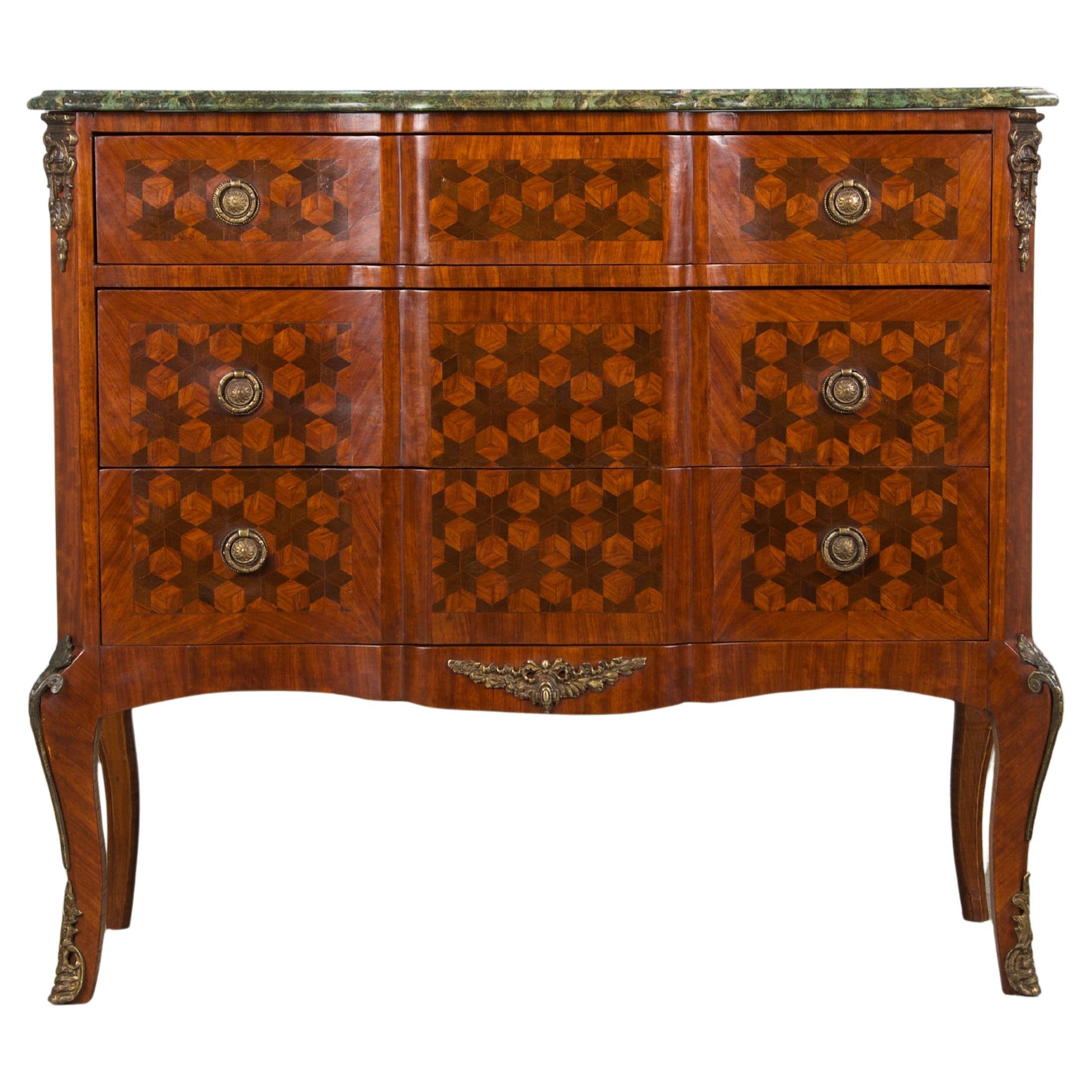 Antique French Louis XV Style Kingwood Marquetry Commode W/ Green Marble