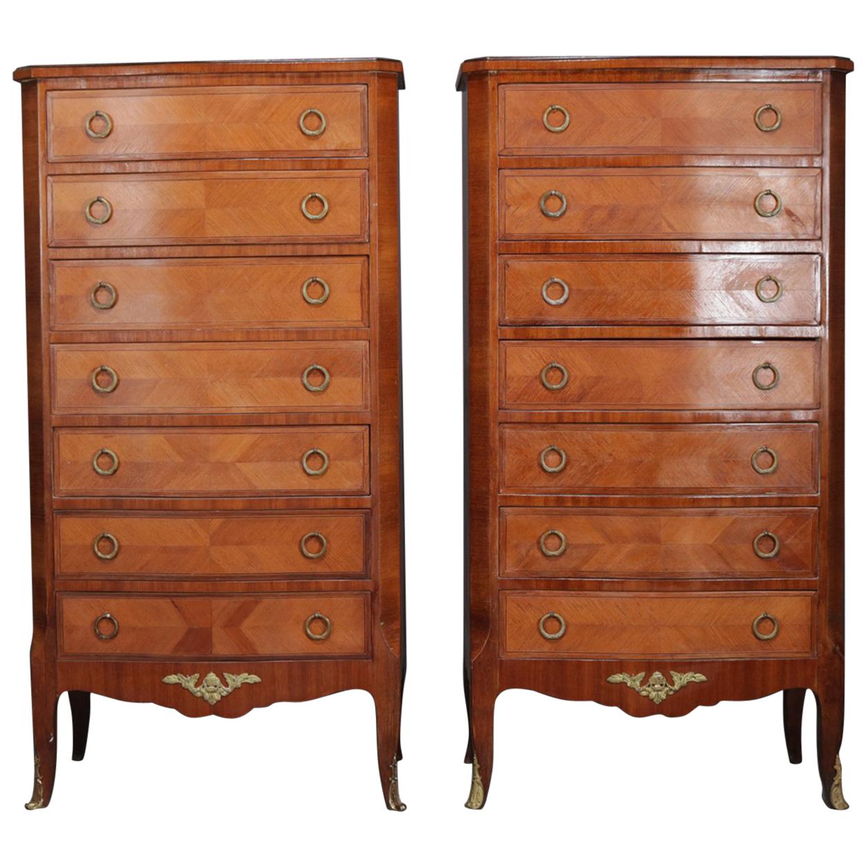 Antique French Louis XV Style Mahogany, Satinwood and Ormolu Lingerie Chests