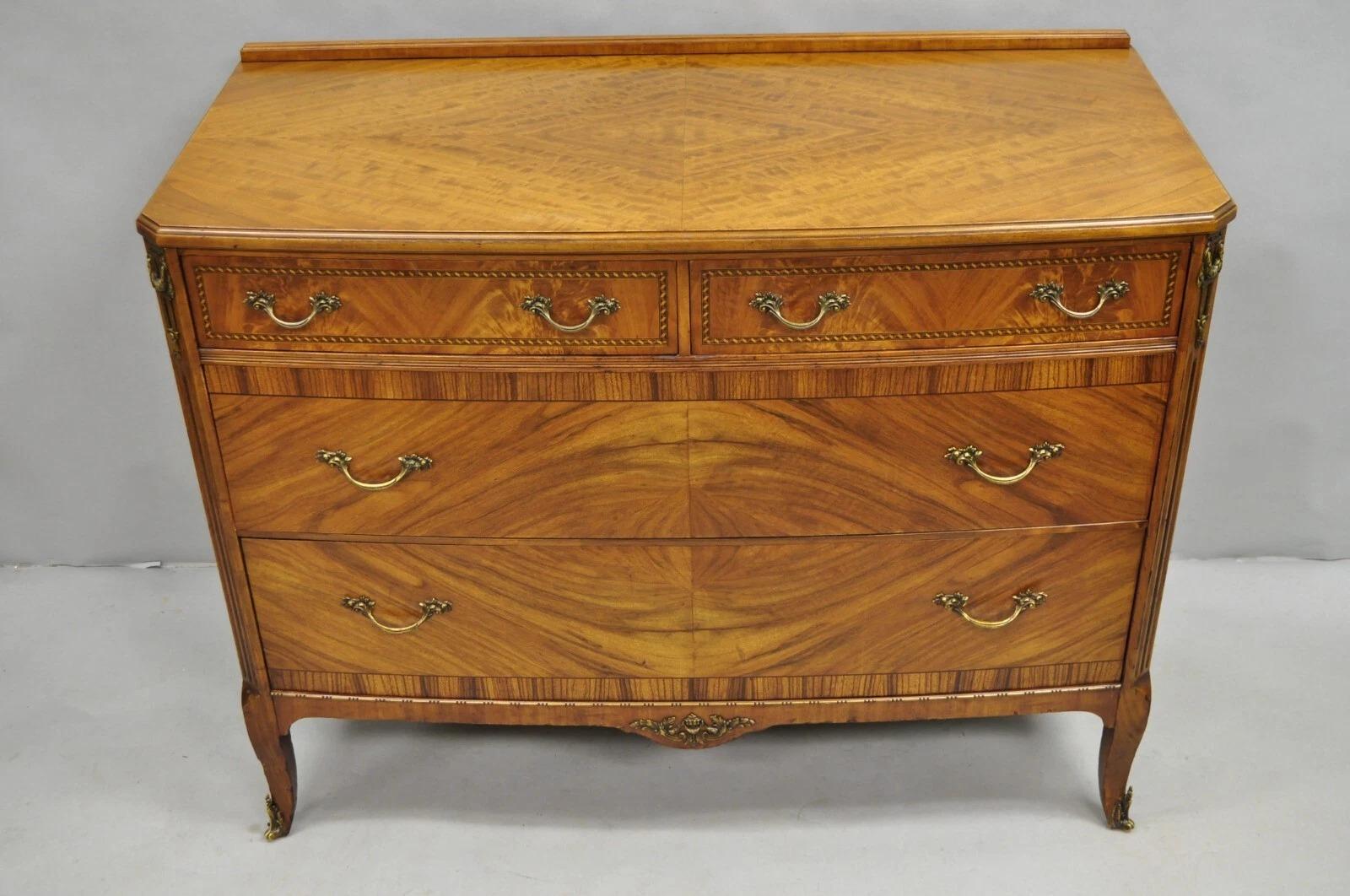 Luigi XV Antique French Louis XV Style Mahogany Satinwood Inlay 4 Drawer Dresser by Sligh in vendita