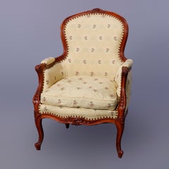 Antique French Louis XV Style Mahogany Upholstered Chair with Down Cushion c1930