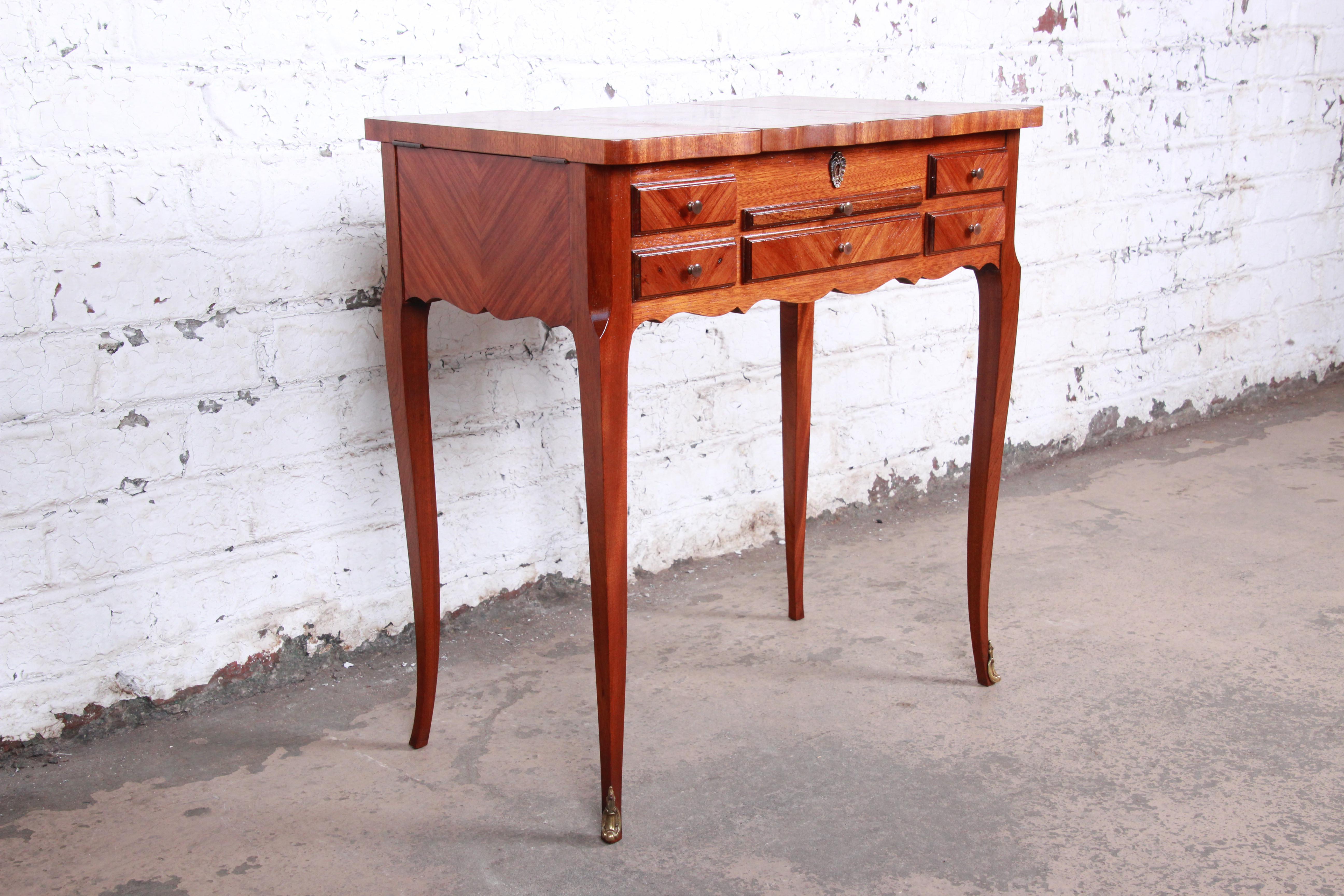 Mid-20th Century Antique French Louis XV Style Mahogany Vanity with Inlaid Floral Marquetry