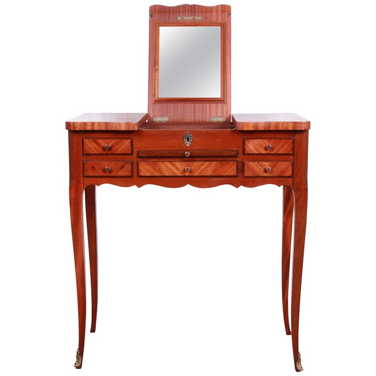 Antique French Louis Xv Style Mahogany Vanity With Inlaid Floral