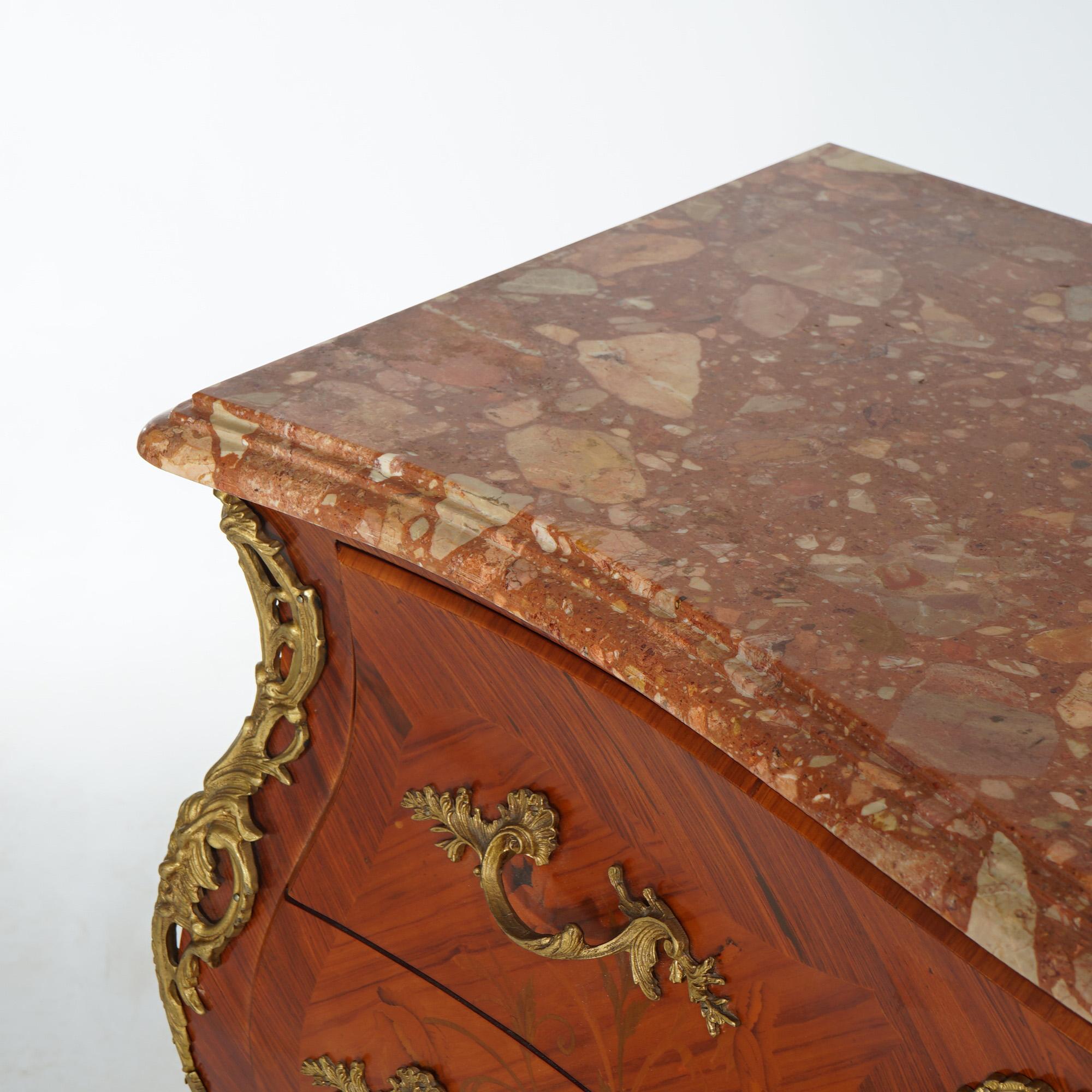 Ancienne commode française de style Louis XV en marbre, bois de violette et marqueterie de bois de citronnier  6