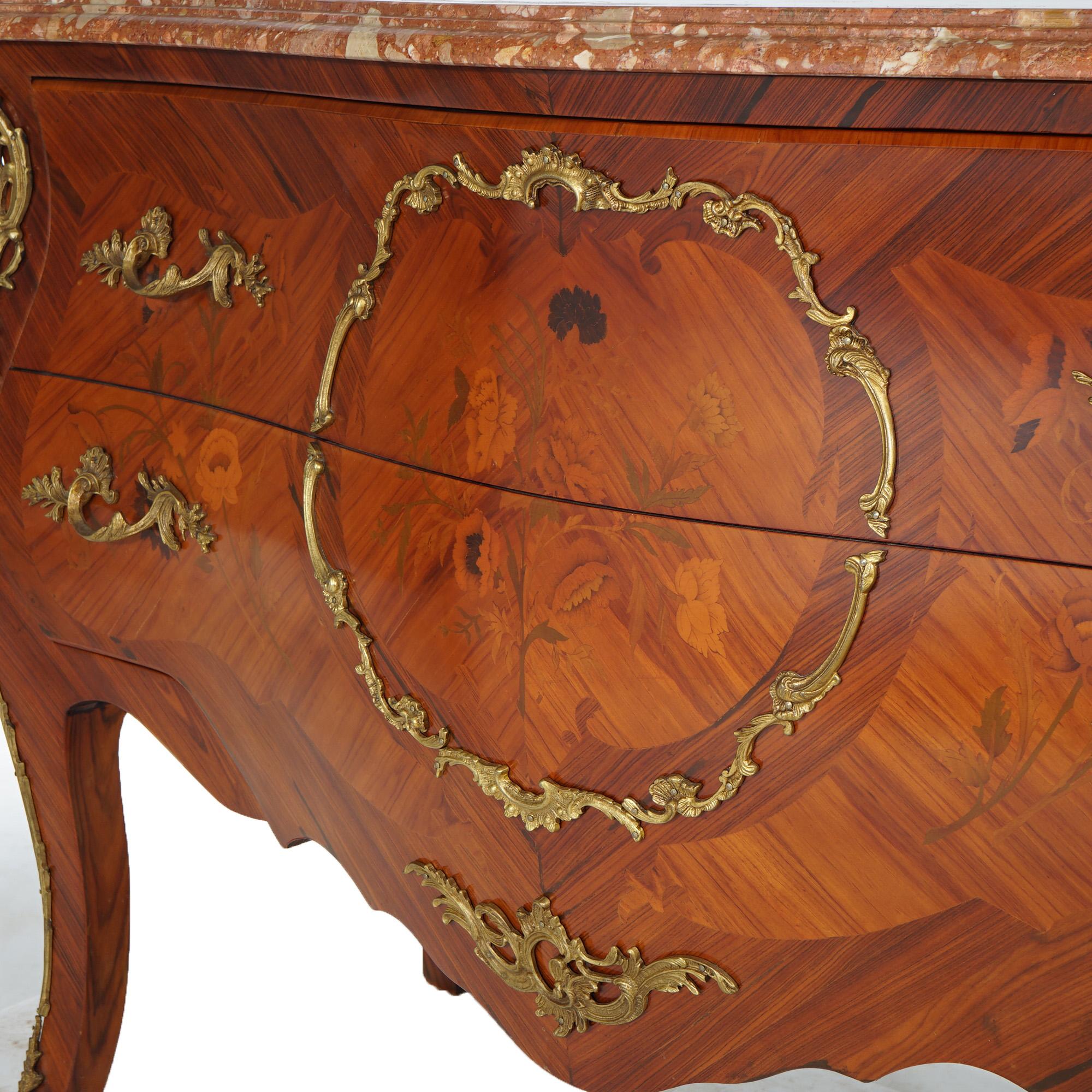 Antique French Louis XV Style Marble, Kingwood & Satinwood Marquetry Commode  In Good Condition For Sale In Big Flats, NY