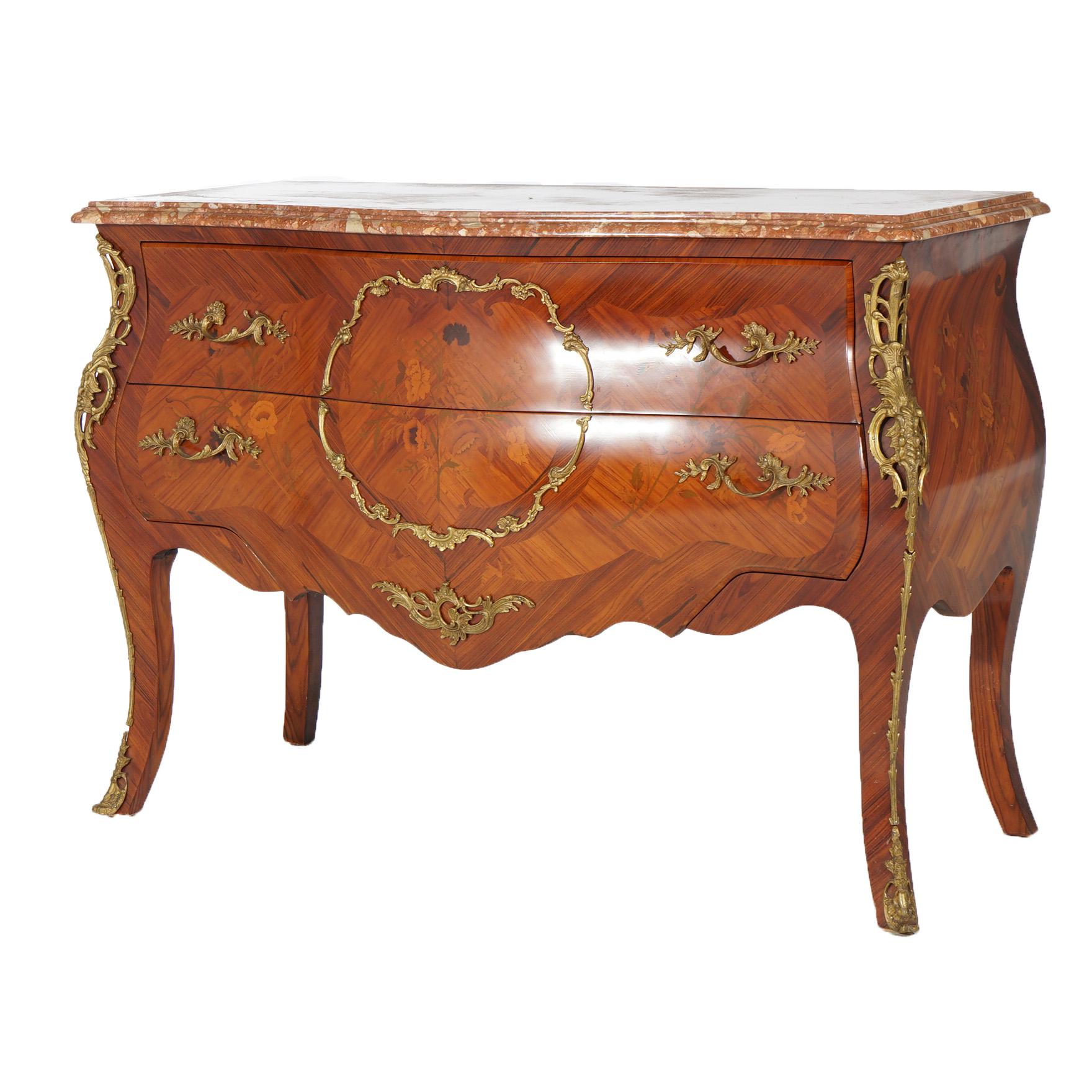 20th Century Antique French Louis XV Style Marble, Kingwood & Satinwood Marquetry Commode 
