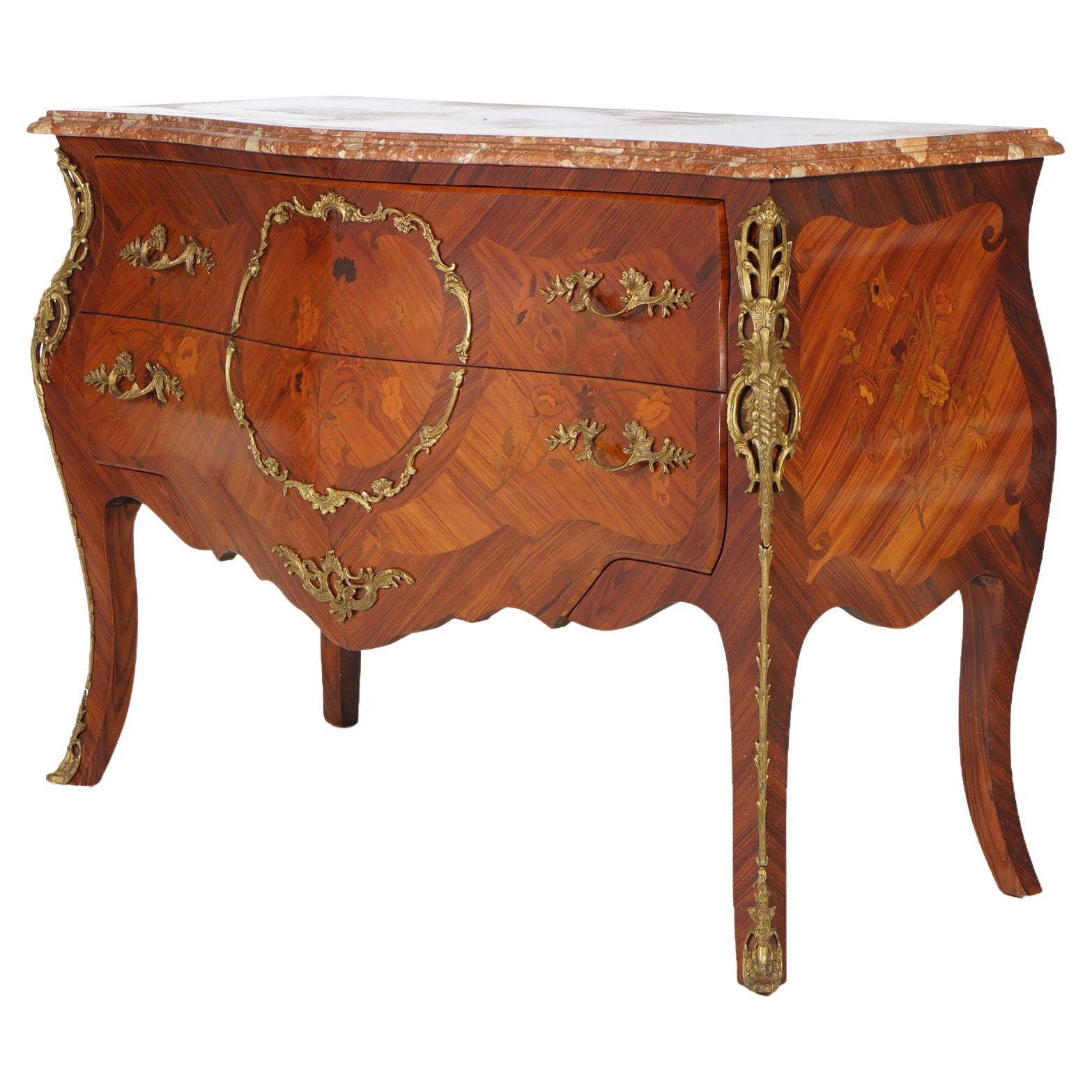 Antique French Louis XV Style Marble, Kingwood & Satinwood Marquetry Commode  For Sale