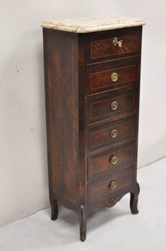 Antique French Louis XV Style Marble Top 6 Drawer Lingerie Tall Chest w/ Bronze