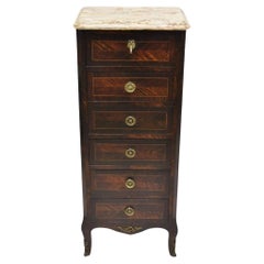 Antique French Louis XV Style Marble Top 6 Drawer Lingerie Tall Chest w/ Bronze