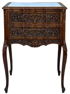 Antique French Louis XV Style Marble Top And Walnut Side Tables / Chests - Pair
