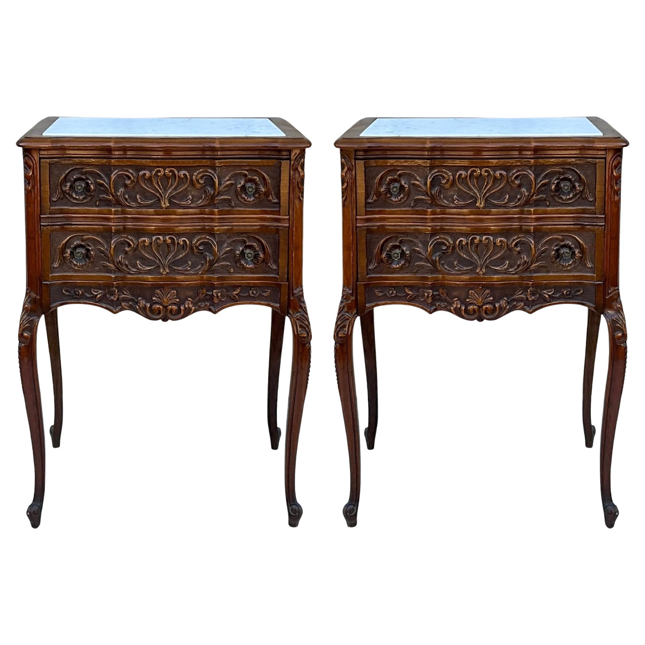 Antique French Louis XV Style Marble Top And Walnut Side Tables / Chests - Pair