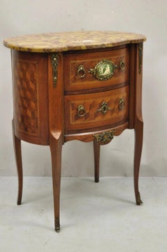 Antique French Louis XV Style Marble Top Bombe Commode Nightstand Side Table