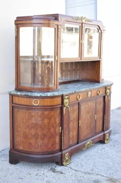 Antique French Louis XV Style Marble Top Bowed Glass Bronze Ormolu Sideboard