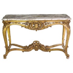 French Louis XV Style Marble Top & Giltwood Console Center Table, circa 1870