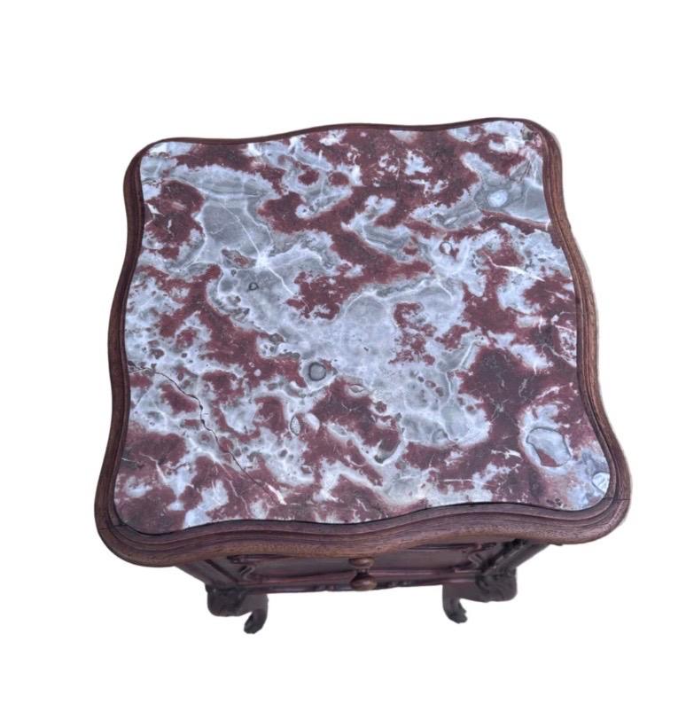 Antique French Louis XV Style Marble Top Smoking Stand/Night Stand/End Table 

The cabinet has a carved front. single drawer over marble lined tobacco cabinet with carved cabriole legs. 

Circa End 19th Century 

Dimensions

H 33.5