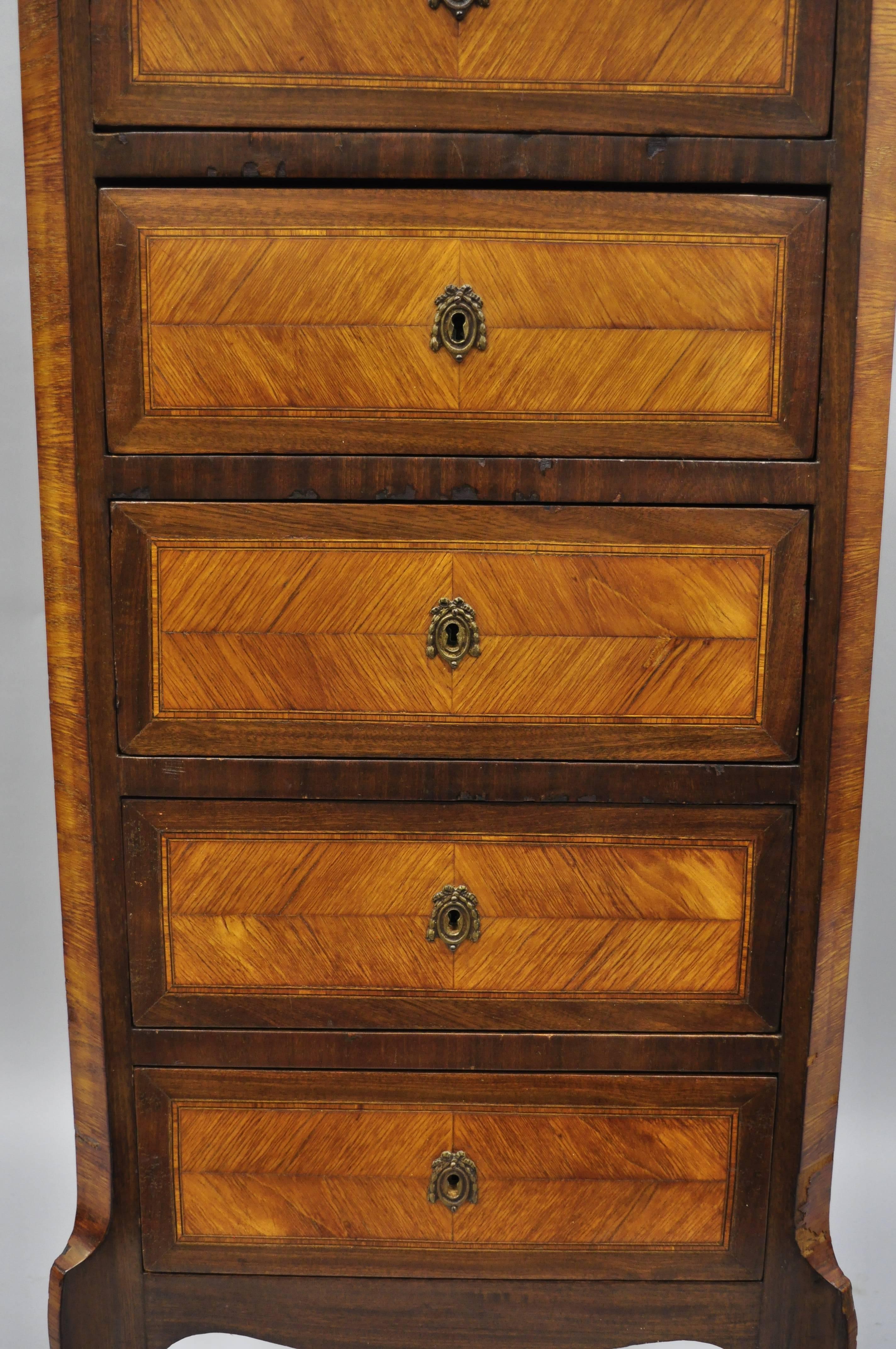 Antique French Louis XV Style Marble-Top Inlaid Six Drawer Tall Lingerie Chest 4