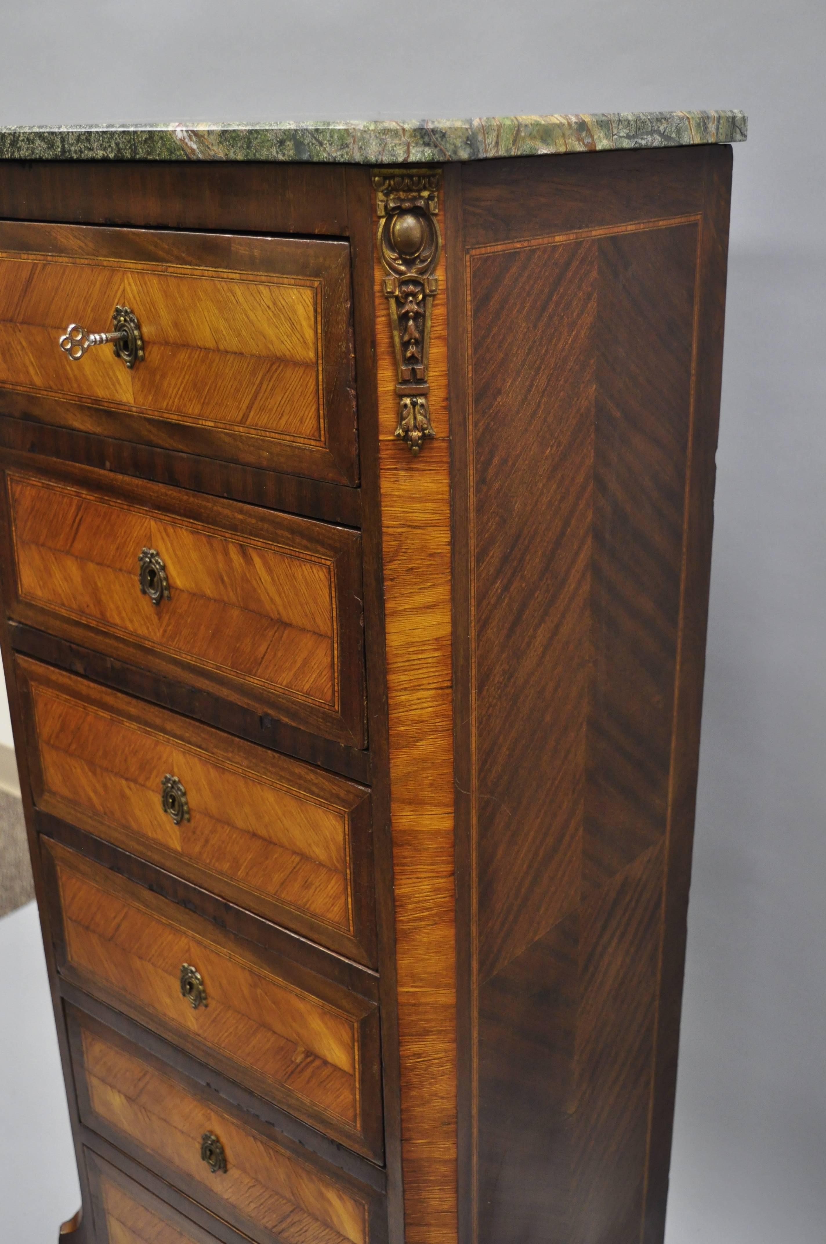Antique French Louis XV Style Marble-Top Inlaid Six Drawer Tall Lingerie Chest 5