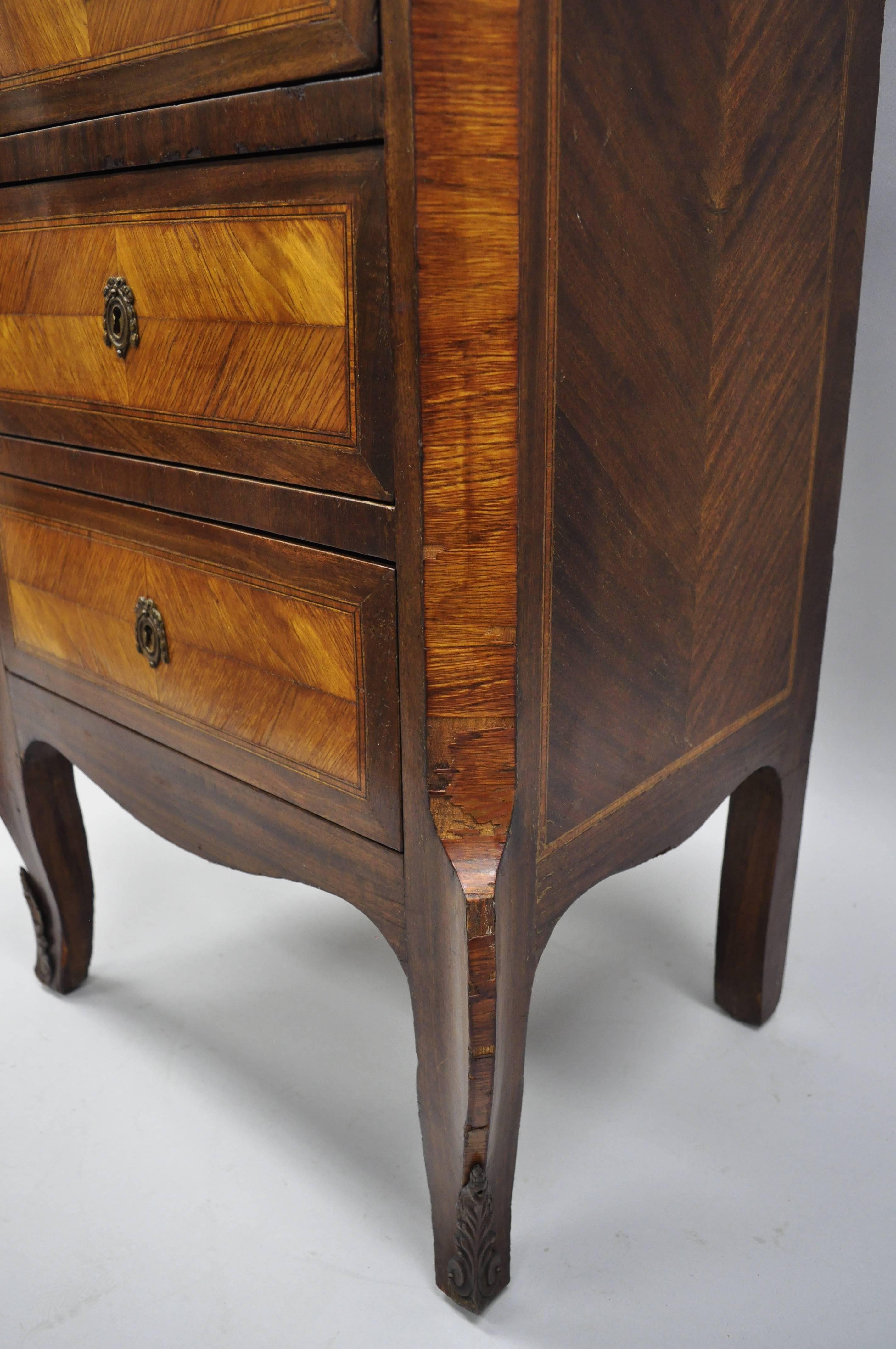 Antique French Louis XV Style Marble-Top Inlaid Six Drawer Tall Lingerie Chest 6
