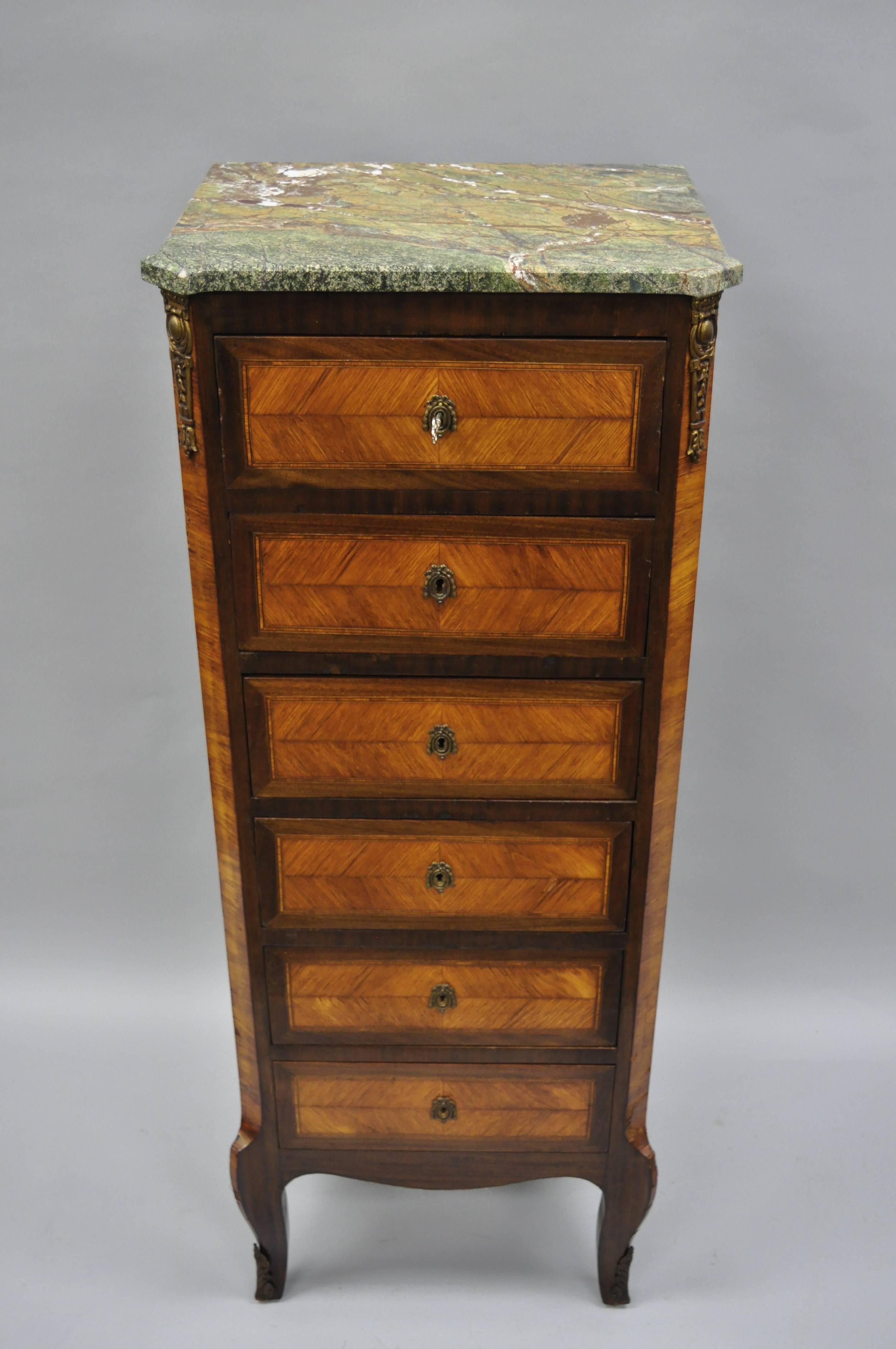 Antique French Louis XV Style Marble-Top Inlaid Six Drawer Tall Lingerie Chest 7