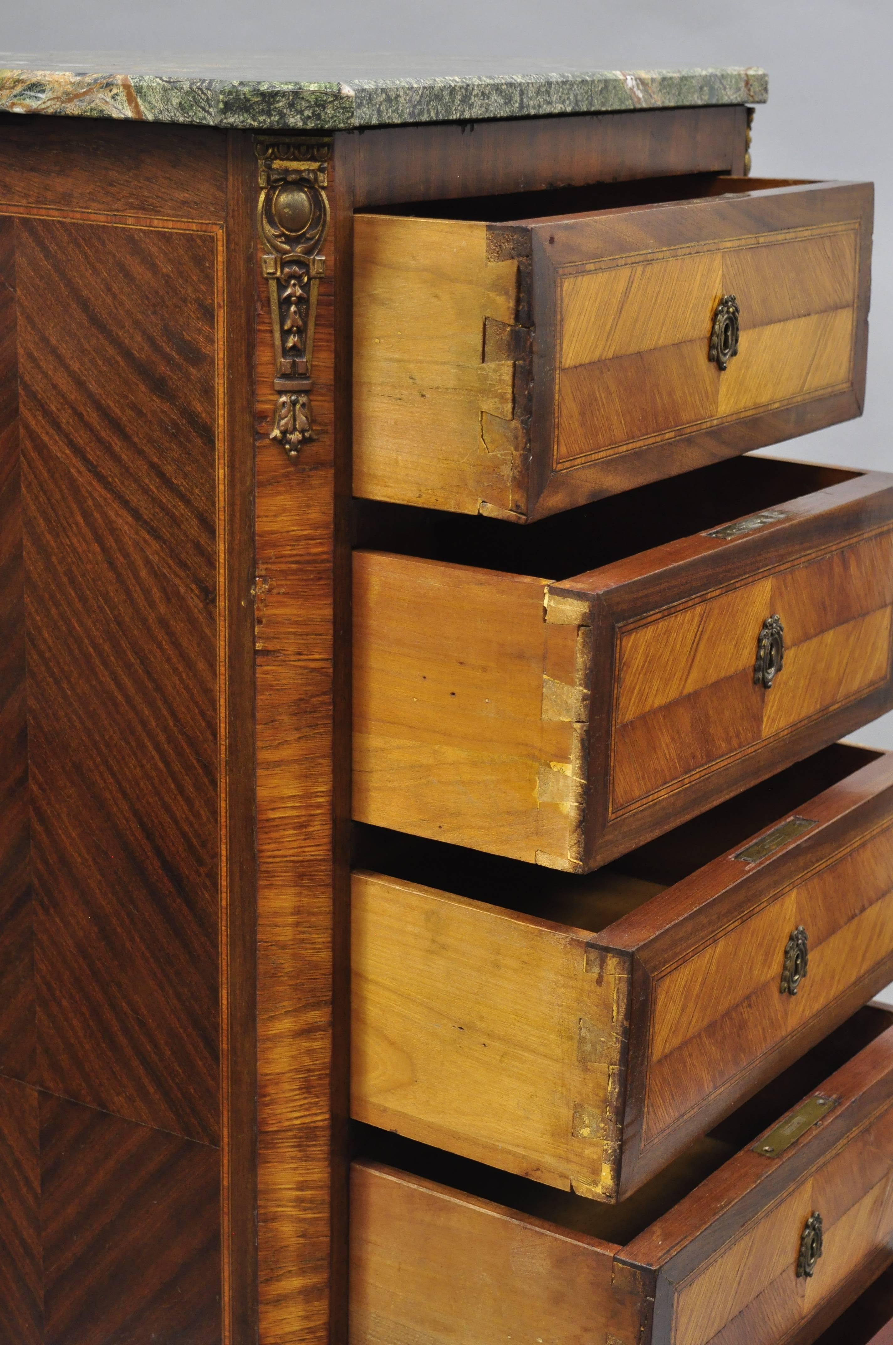 Antique French Louis XV Style Marble-Top Inlaid Six Drawer Tall Lingerie Chest In Good Condition In Philadelphia, PA