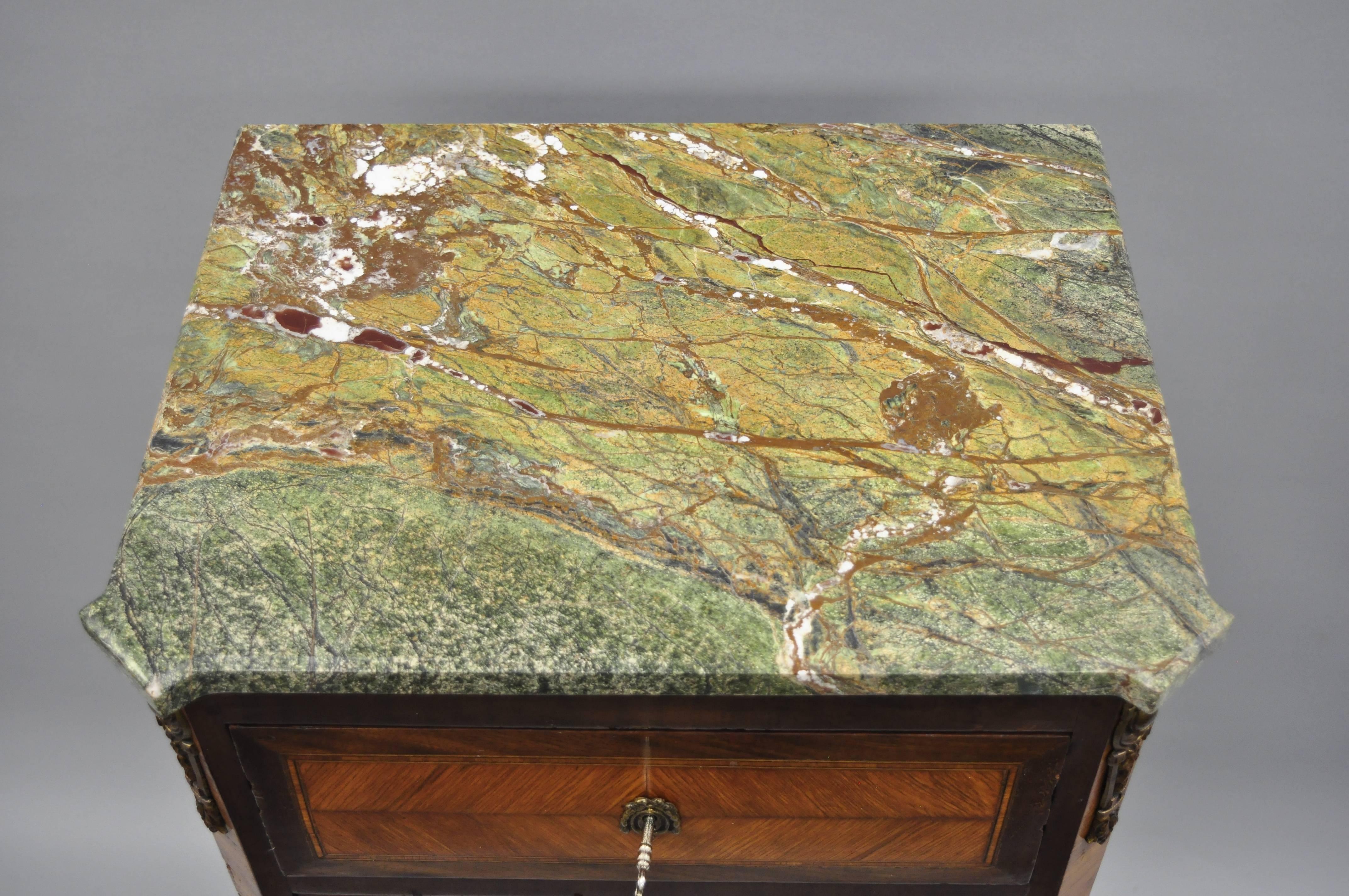 20th Century Antique French Louis XV Style Marble-Top Inlaid Six Drawer Tall Lingerie Chest