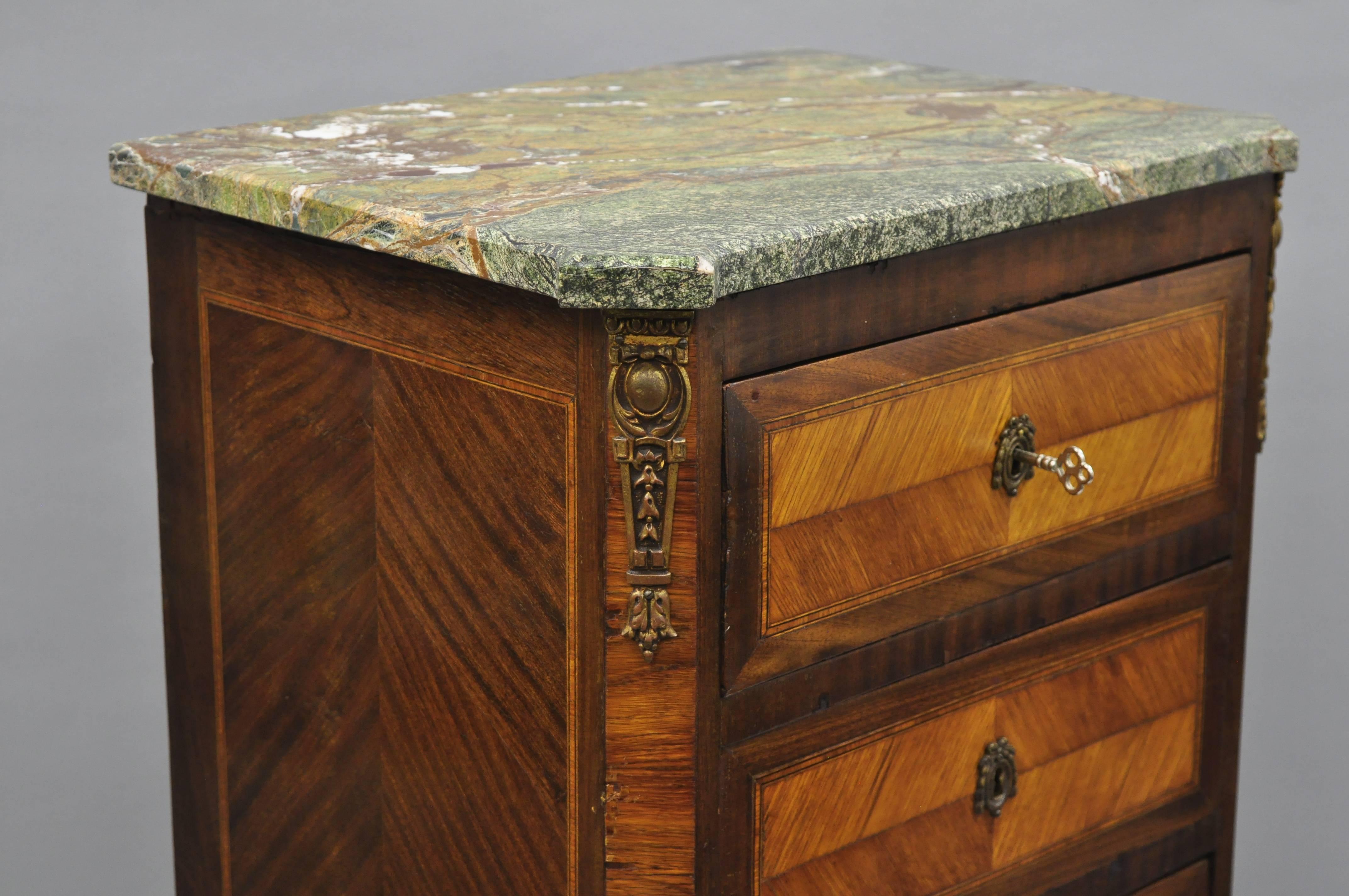 Bronze Antique French Louis XV Style Marble-Top Inlaid Six Drawer Tall Lingerie Chest