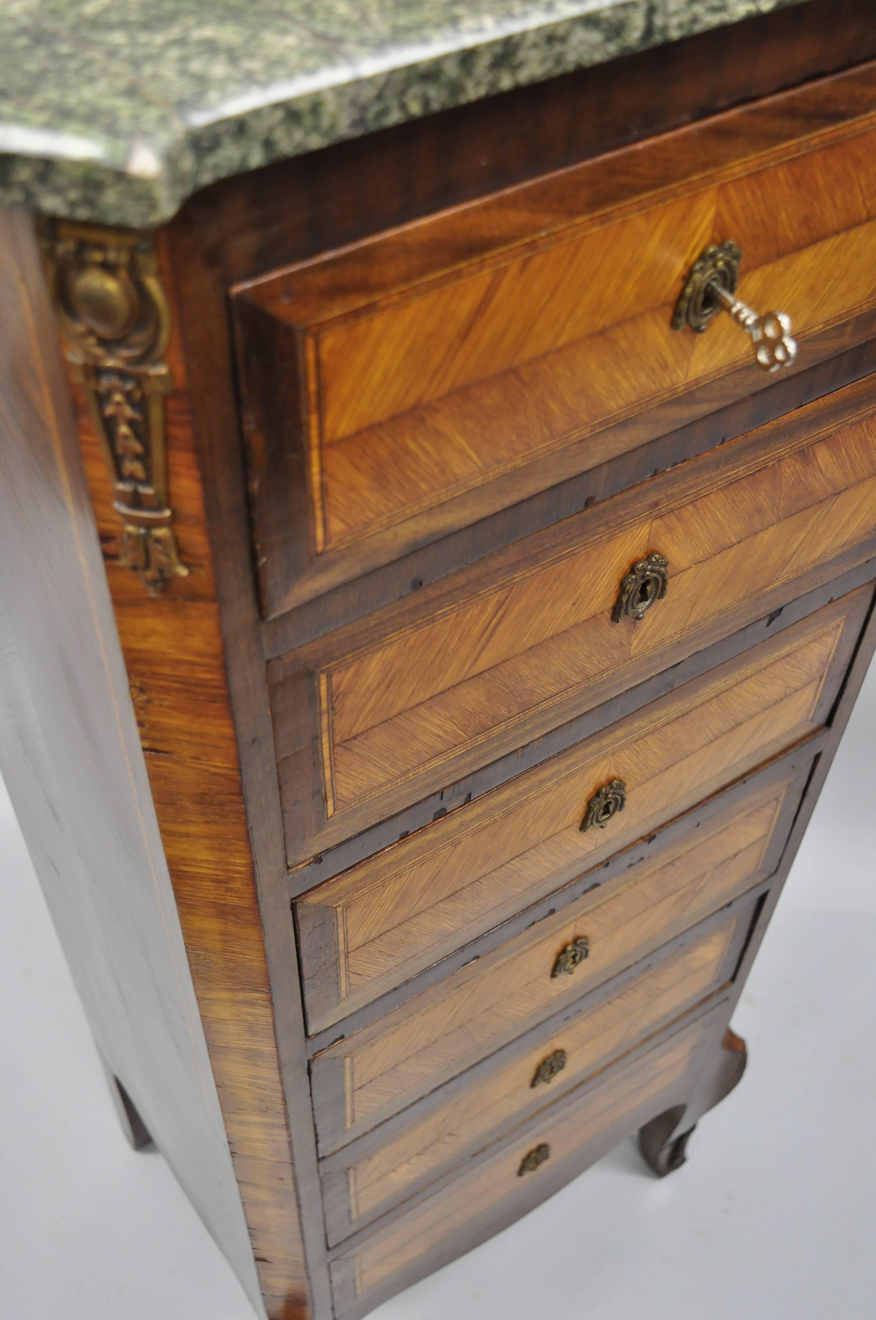 Antique French Louis XV Style Marble-Top Inlaid Six Drawer Tall Lingerie Chest 1