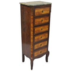 Antique French Louis XV Style Marble-Top Inlaid Six Drawer Tall Lingerie Chest