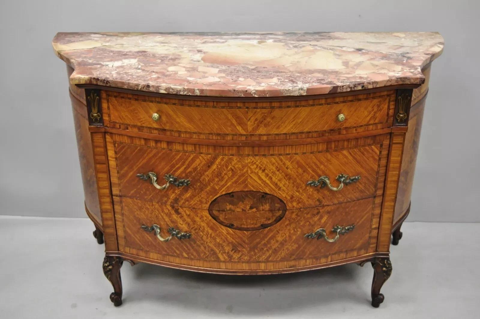 Antique French Louis XV Style Marble Top Satinwood Demilune Commode Dresser in vendita 5