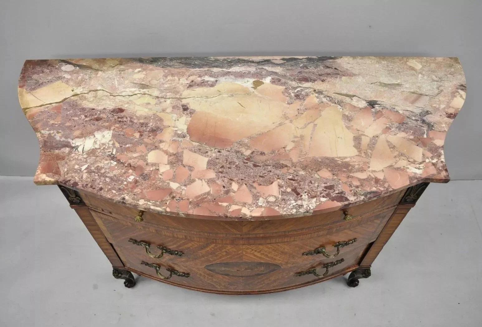 Luigi XV Antique French Louis XV Style Marble Top Satinwood Demilune Commode Dresser in vendita