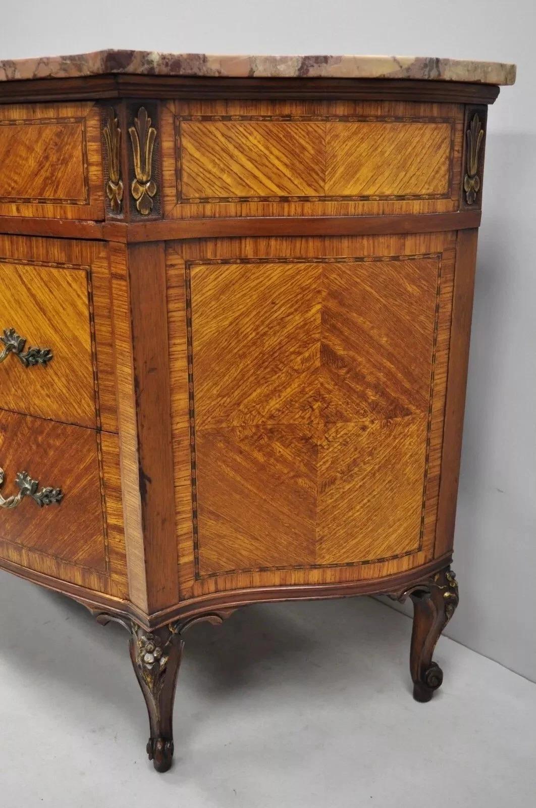 XX secolo Antique French Louis XV Style Marble Top Satinwood Demilune Commode Dresser in vendita