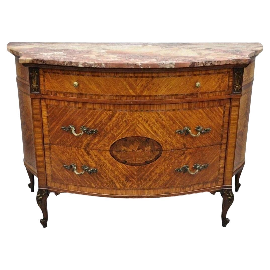 Antique French Louis XV Style Marble Top Satinwood Demilune Commode Dresser in vendita