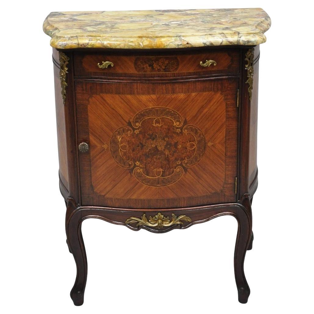 Antique French Louis XV Style Marble Top Satinwood Inlay Bombe Nightstand Table