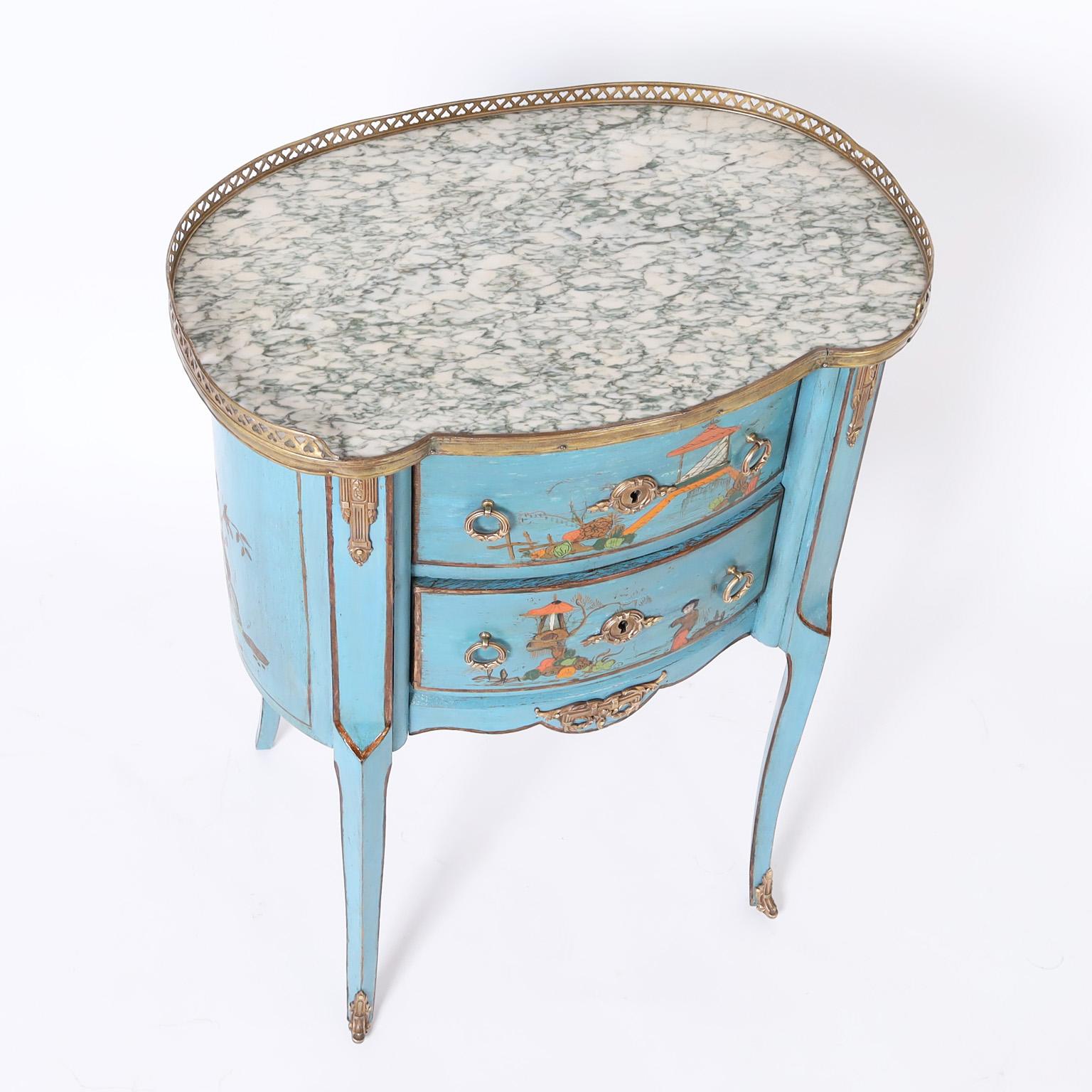 Brass Antique French Louis XV Style Marble Top Stand with Chinoiserie For Sale