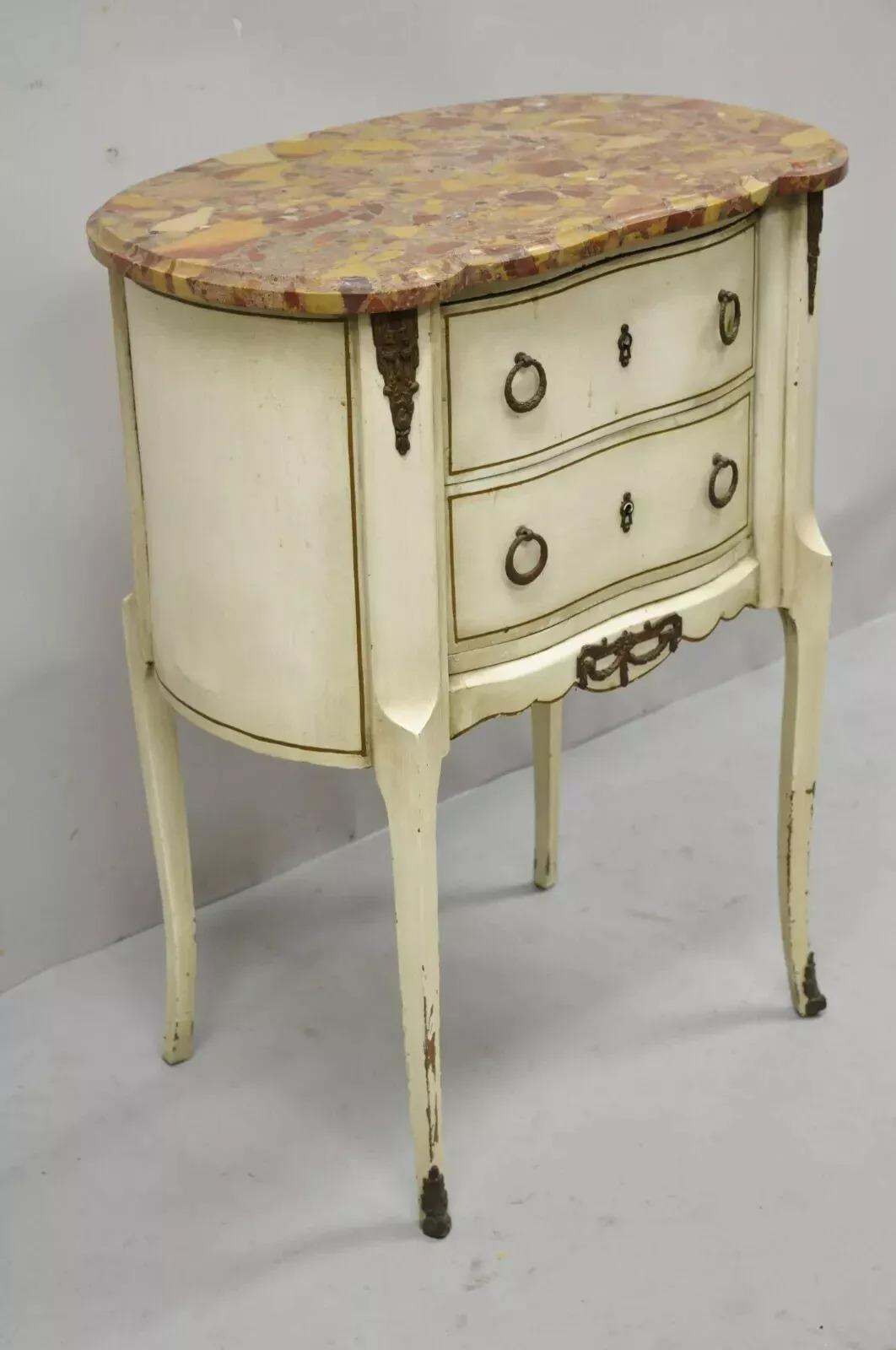 Antique French Louis XV Style Marble Top White Painted Bombe Nightstand Side Table. Item is marked 