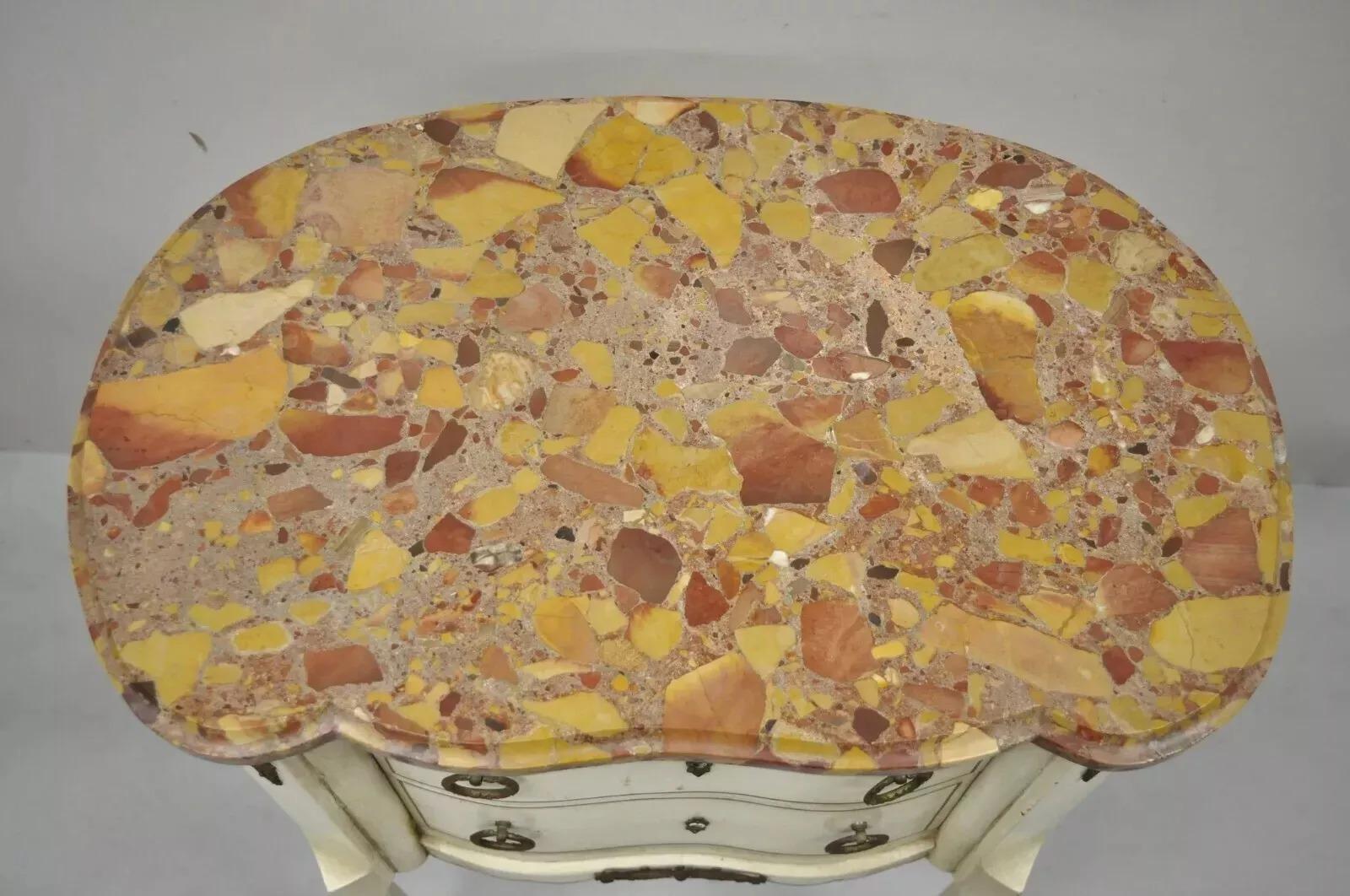 Unknown Antique French Louis XV Style Marble Top White Painted Bombe Nightstand Table For Sale