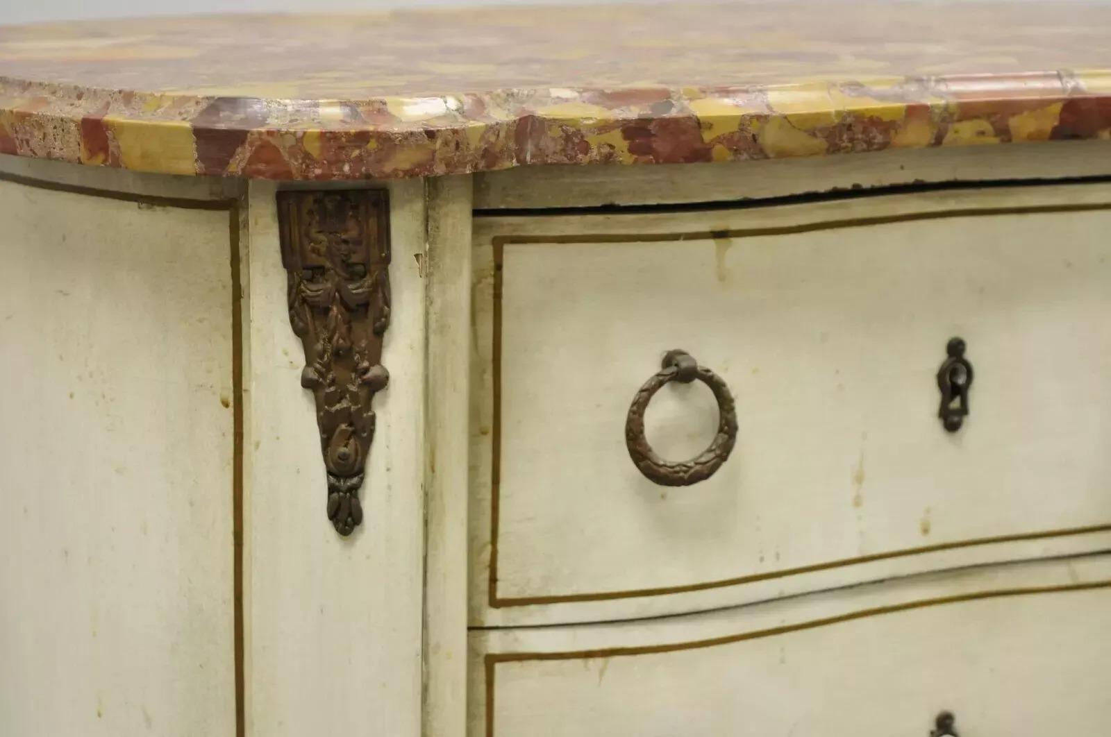 20th Century Antique French Louis XV Style Marble Top White Painted Bombe Nightstand Table For Sale